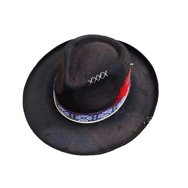 Distressed Fedora with Red Feather-adorned Floral-patterned Band XXX Patchwork