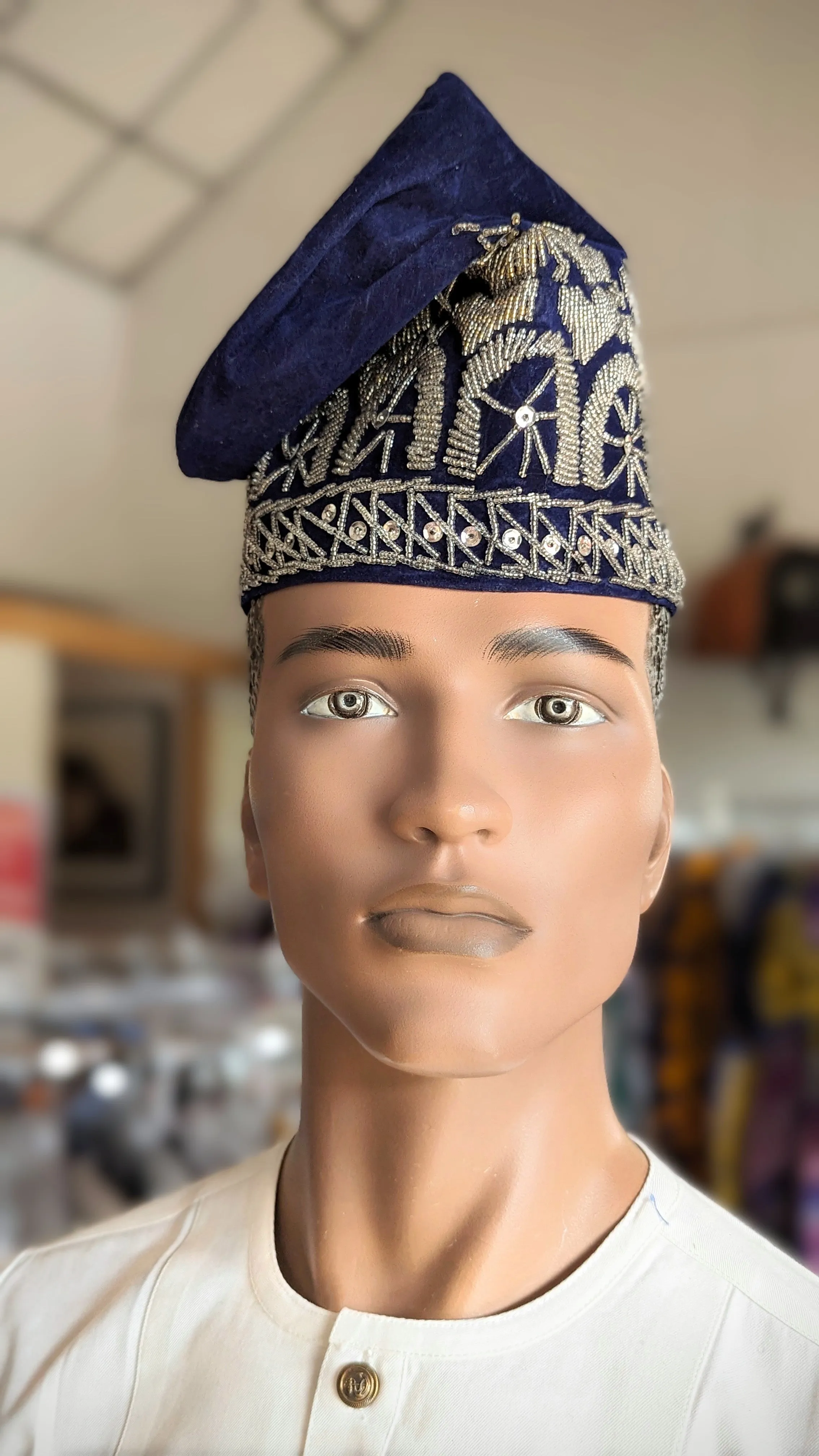 Dupsie's Aṣọilu Navy-Blue and Silver Nigerian Velvet Fila Kufi Cap Hat DPHBSVH2