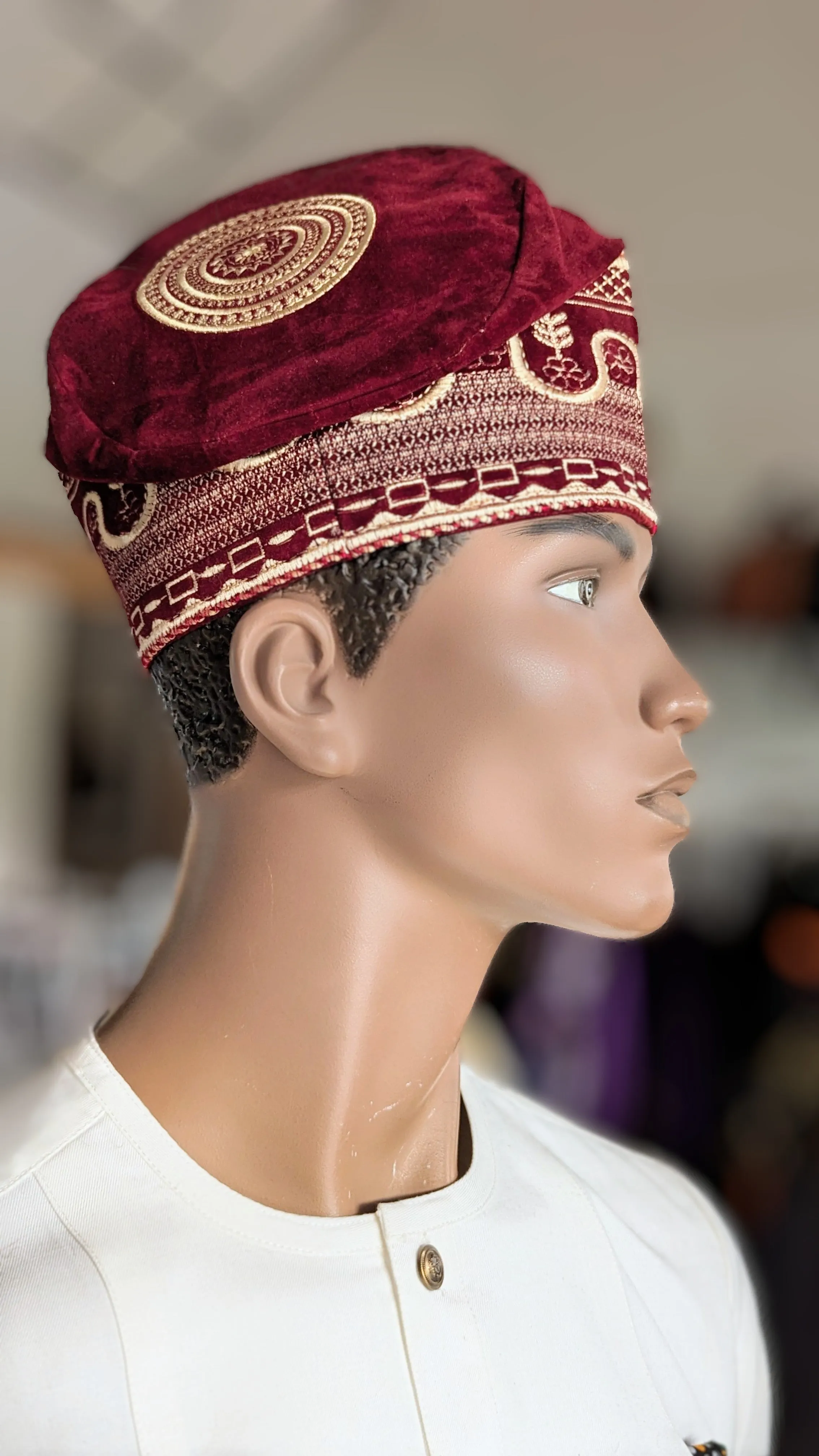 Dupsie's Goruba Burgundy Velvet Kufi Fila Cap Hat with Beige and Gold Embroidery DPHBBVH7