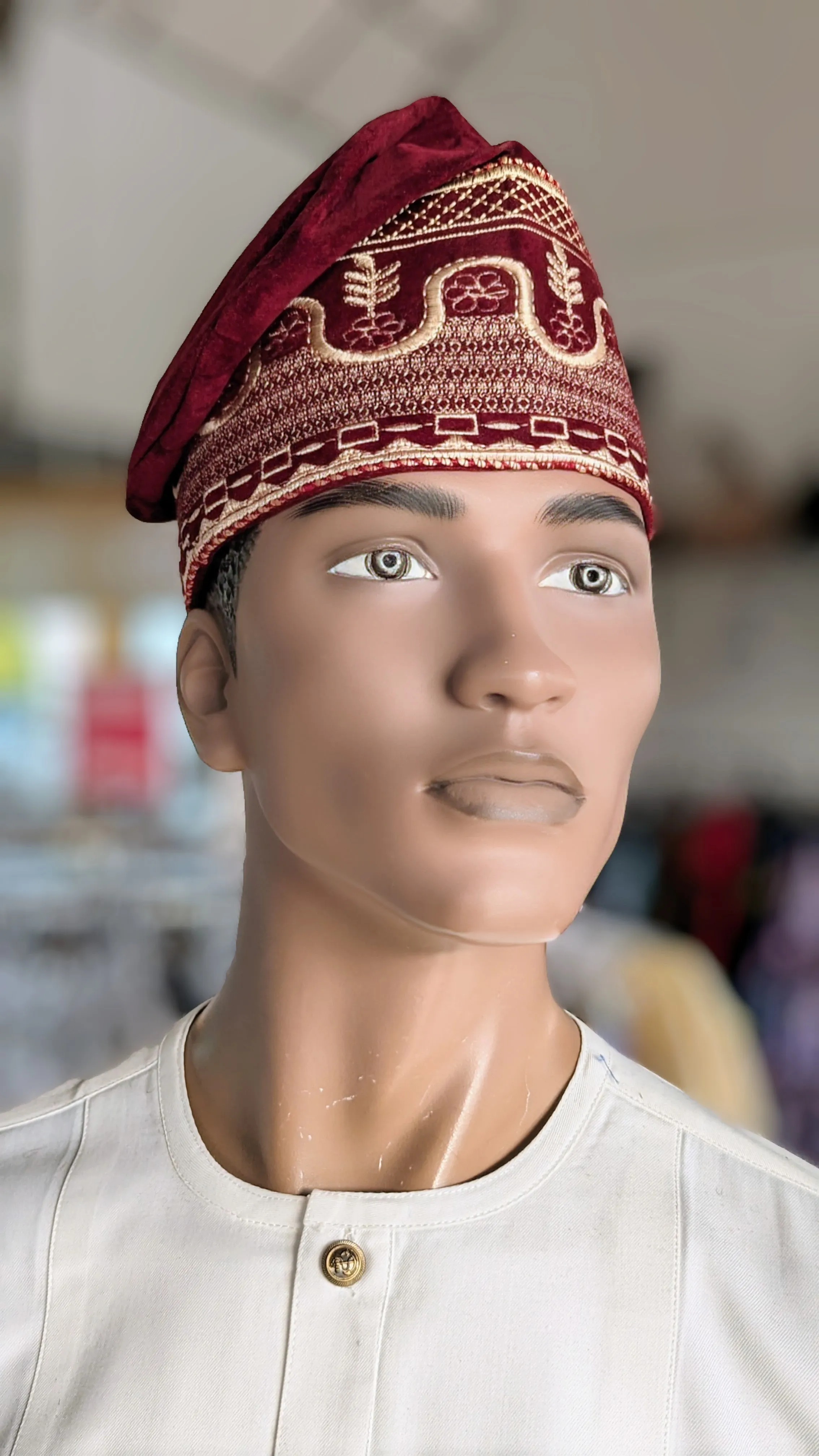 Dupsie's Goruba Burgundy Velvet Kufi Fila Cap Hat with Beige and Gold Embroidery DPHBBVH7