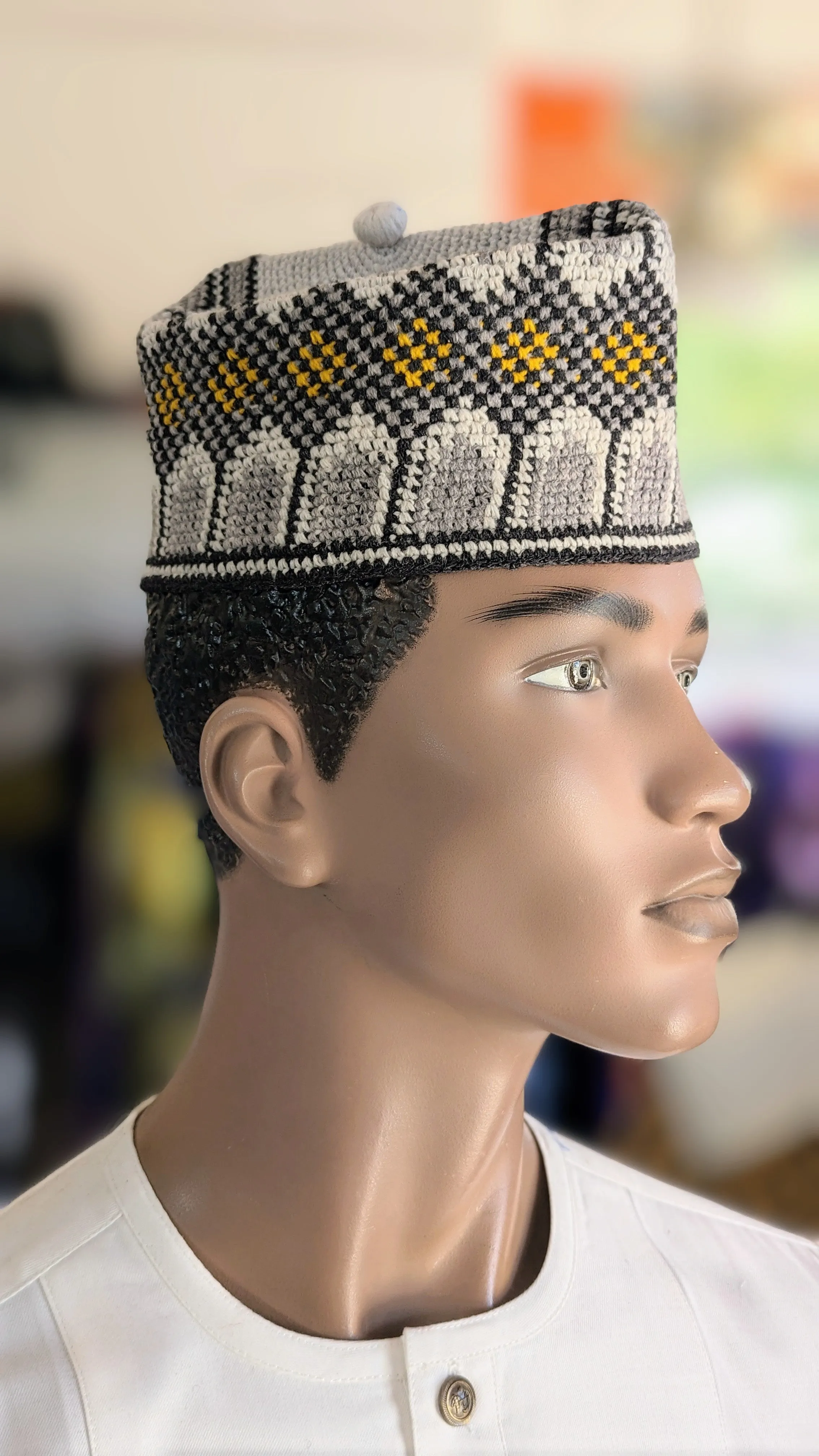 Dupsie's Off-White Grey Gold Handwoven African Mallam Gaskiya Kufi Cap Hat DPHOWGG9