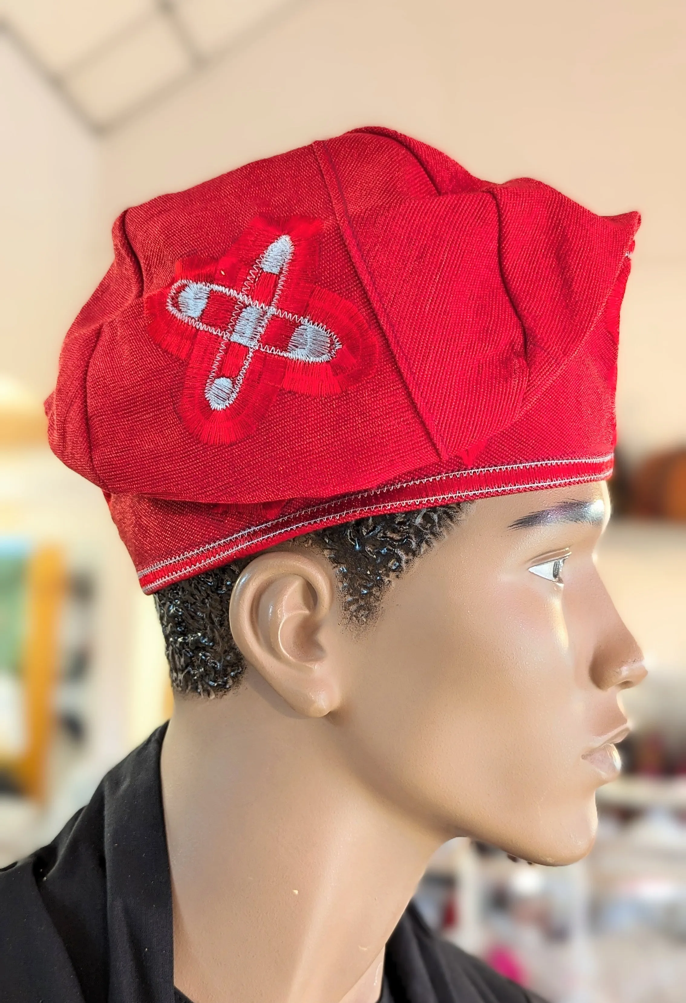 Dupsie's Red and Silver Fila Ayaba African Aso Oke Kufi Cap Hat DPHARSH36