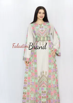 Elegant Cream Color Greenish Palestinian Embroidered Dress Thobe