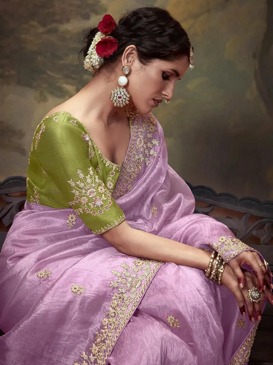 Elegant Lavender Embroidered Fancy Saree