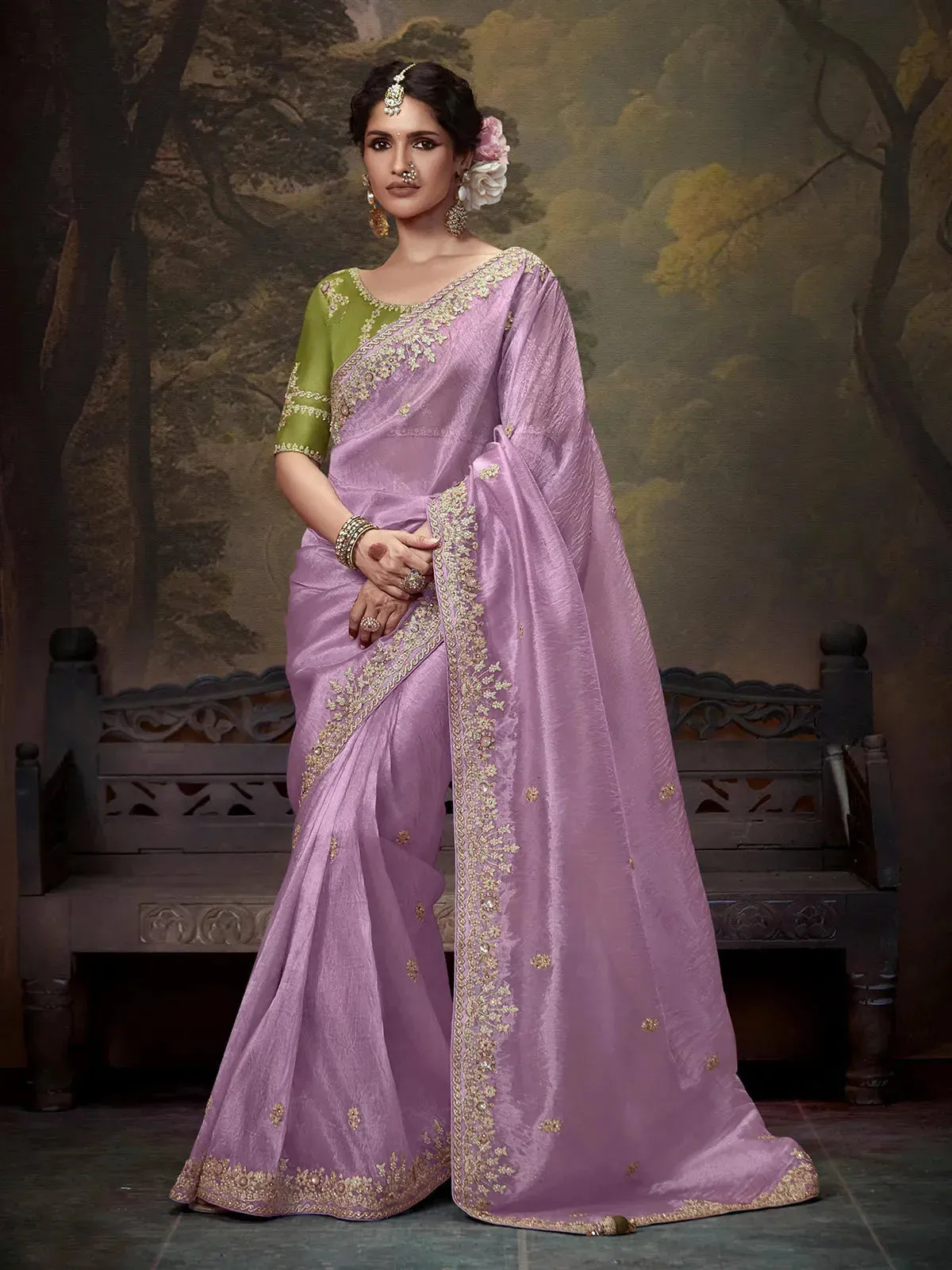 Elegant Lavender Embroidered Fancy Saree