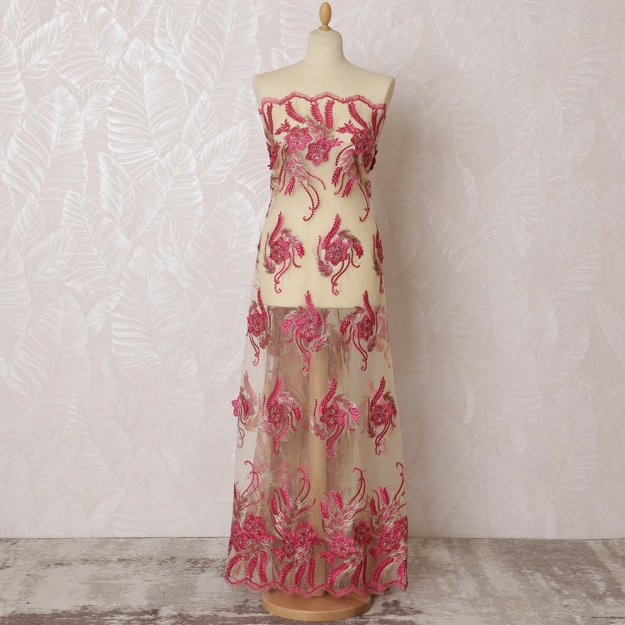 Elegant Pink and Cream Embroidered Nylon Tulle Fabric, 140 cm Wide â€“ Exotic Floral Design-D19238