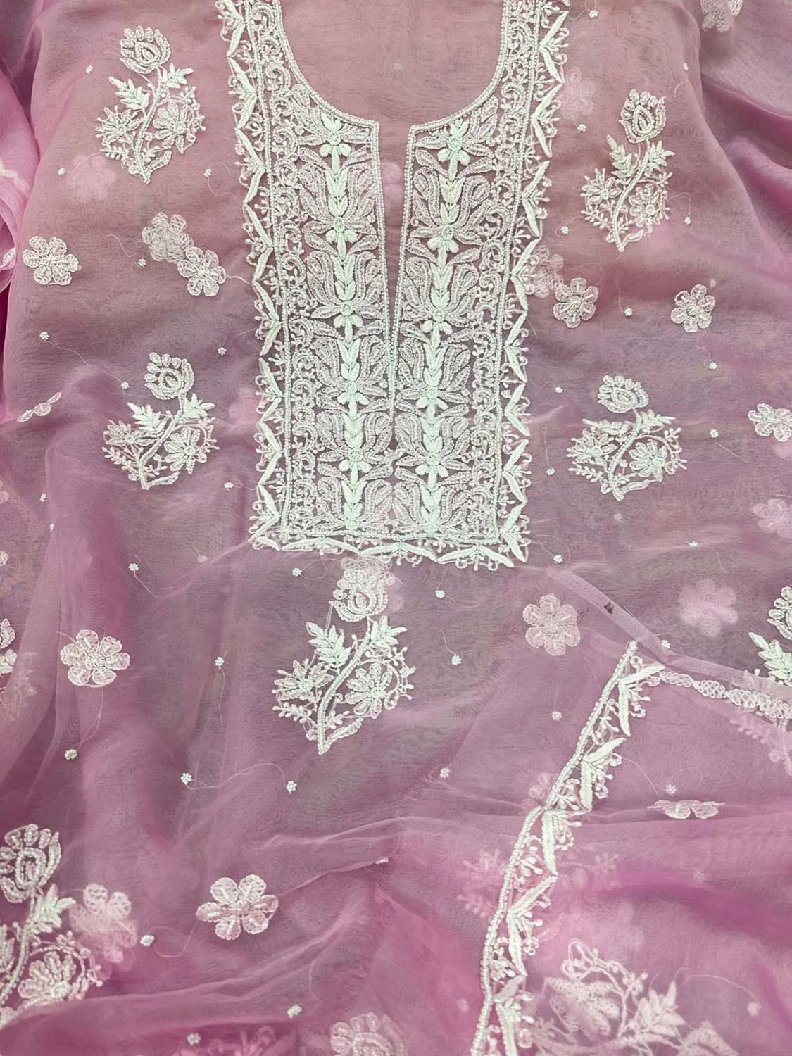 Elegant Pink Chikankari Organza Suit: Hand Embroidered Two Piece Set