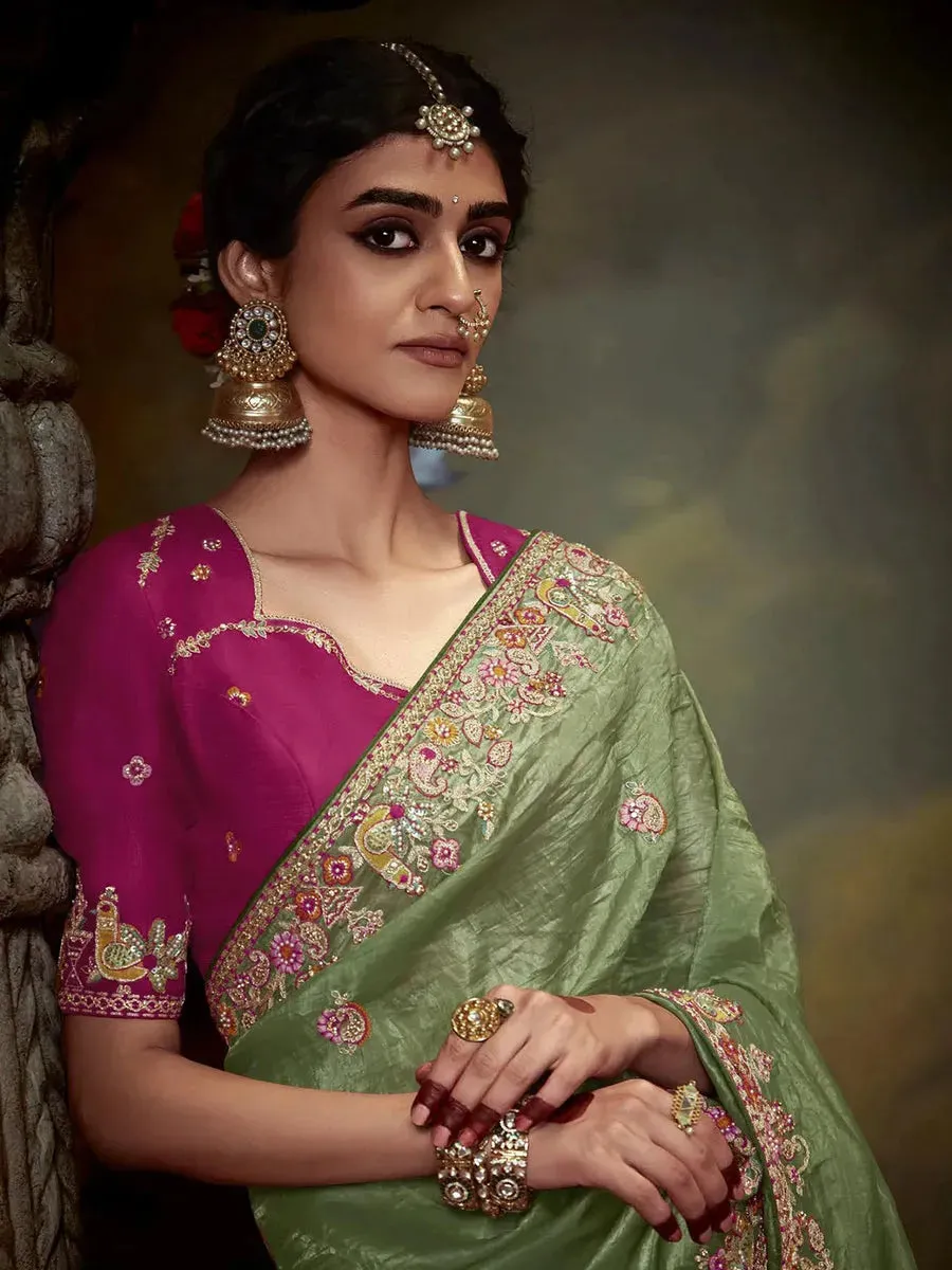 Elegant Pista Green Embroidered Fancy Saree