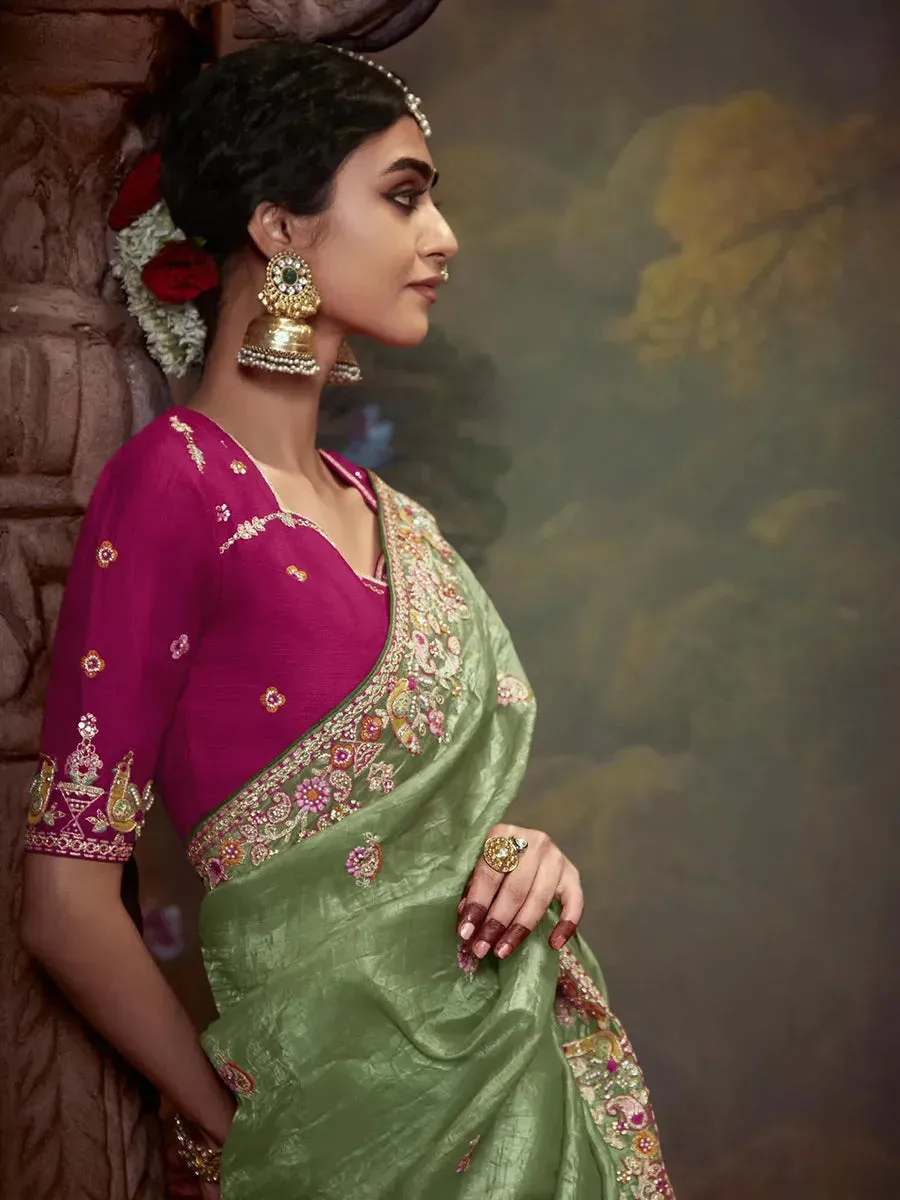 Elegant Pista Green Embroidered Fancy Saree