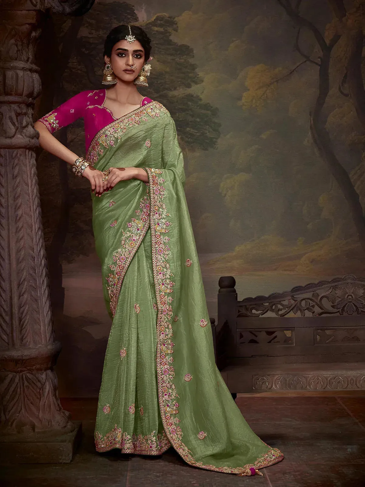 Elegant Pista Green Embroidered Fancy Saree