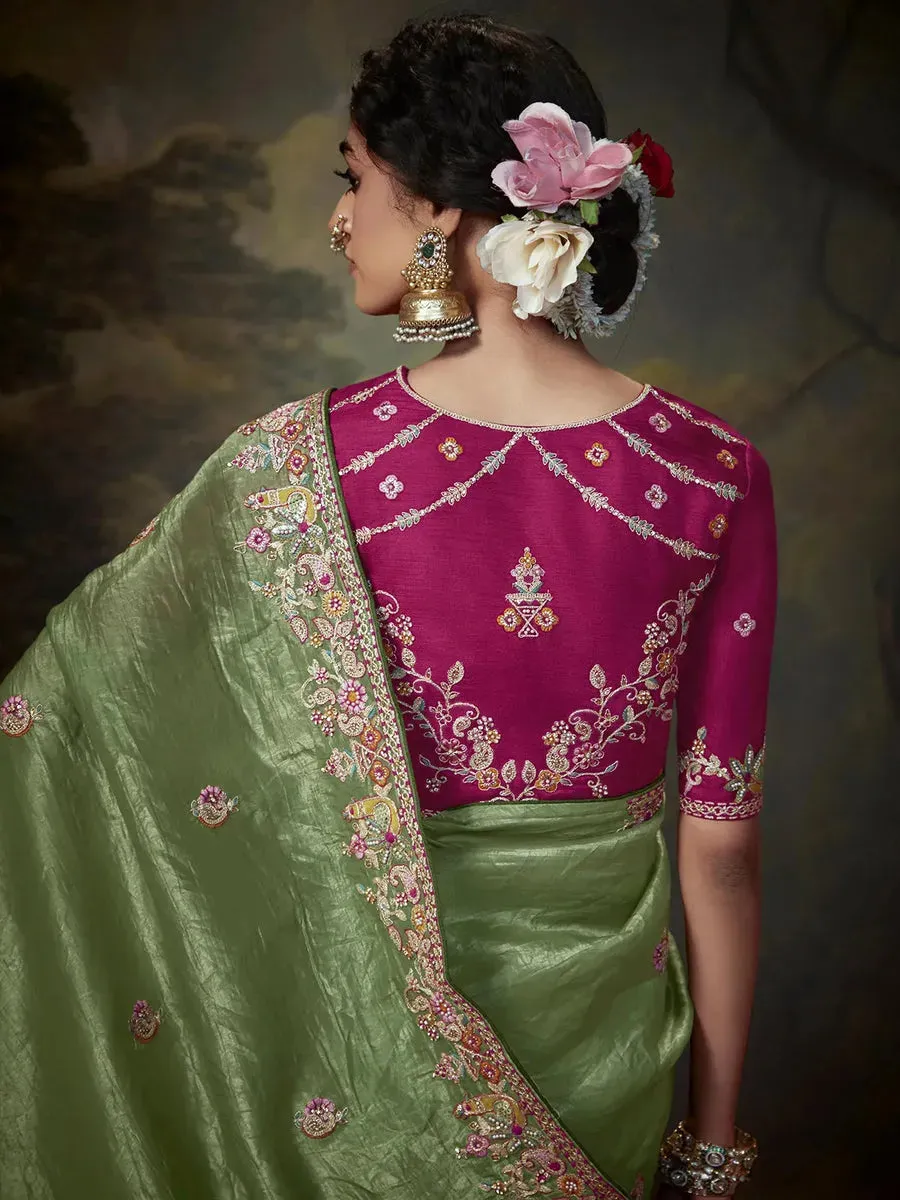 Elegant Pista Green Embroidered Fancy Saree