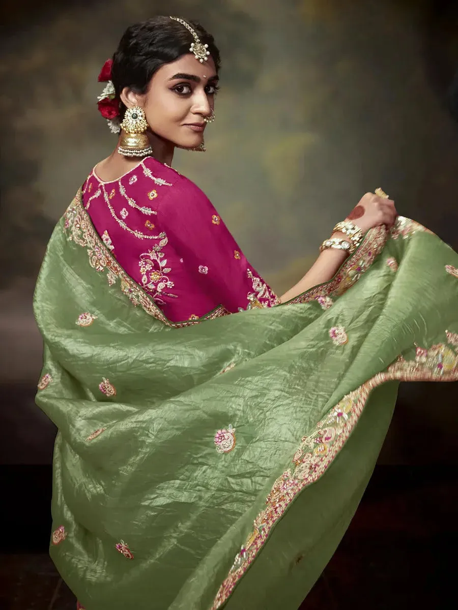 Elegant Pista Green Embroidered Fancy Saree