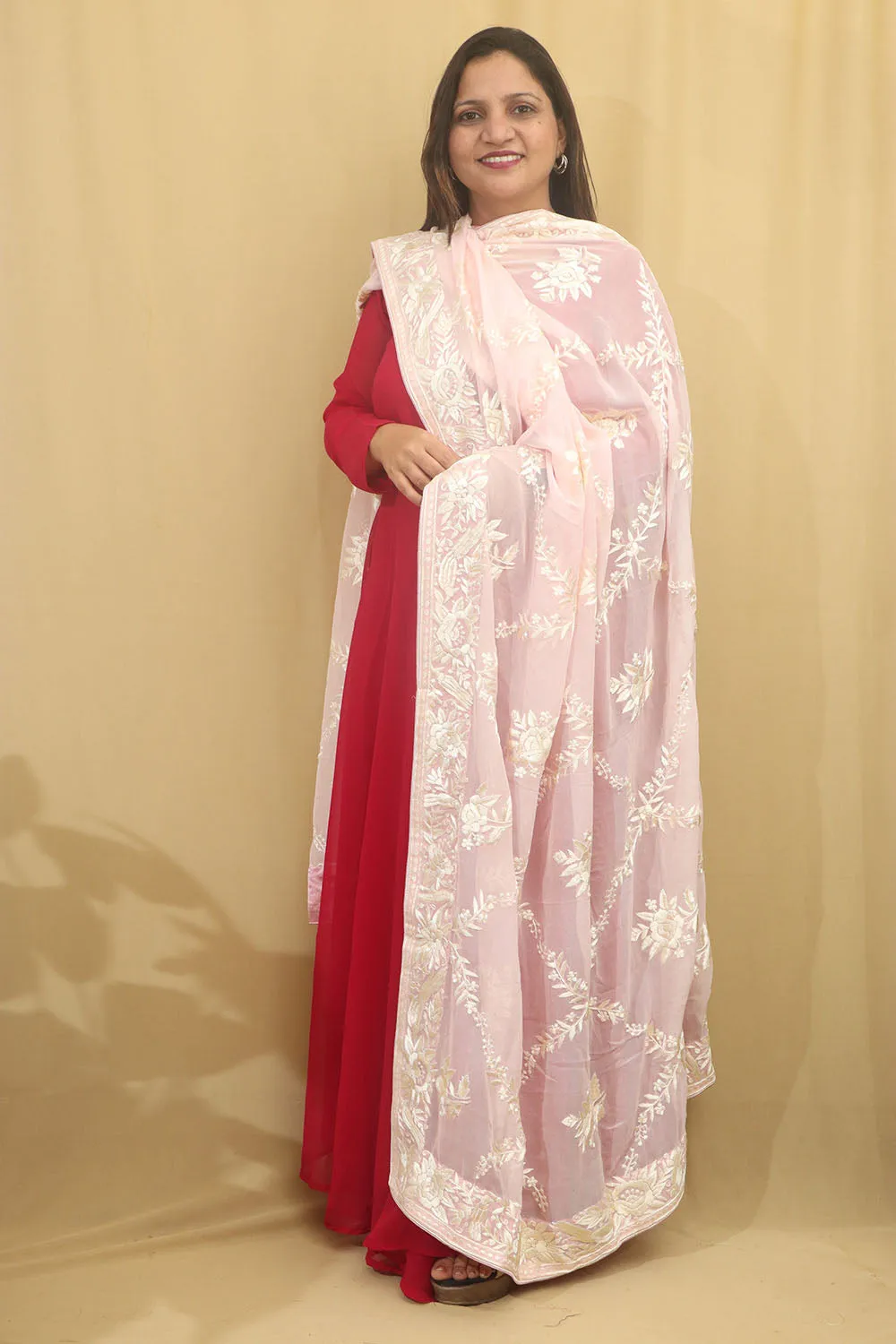 Exquisite Pink Parsi Georgette Dupatta with Hand Embroidery