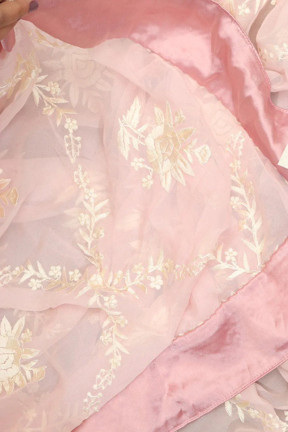 Exquisite Pink Parsi Georgette Dupatta with Hand Embroidery