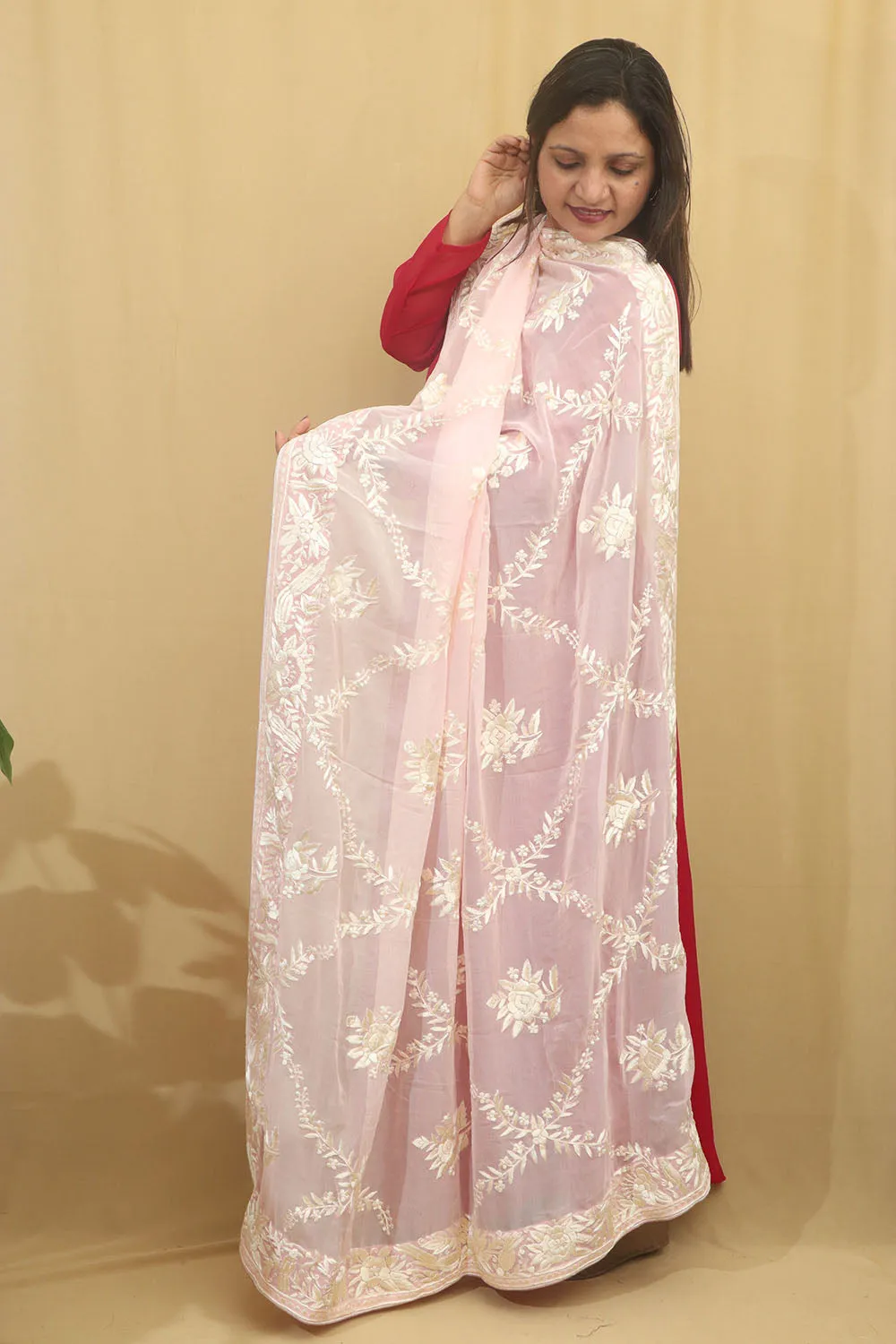 Exquisite Pink Parsi Georgette Dupatta with Hand Embroidery