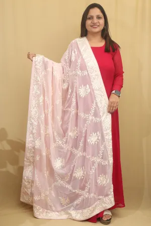 Exquisite Pink Parsi Georgette Dupatta with Hand Embroidery