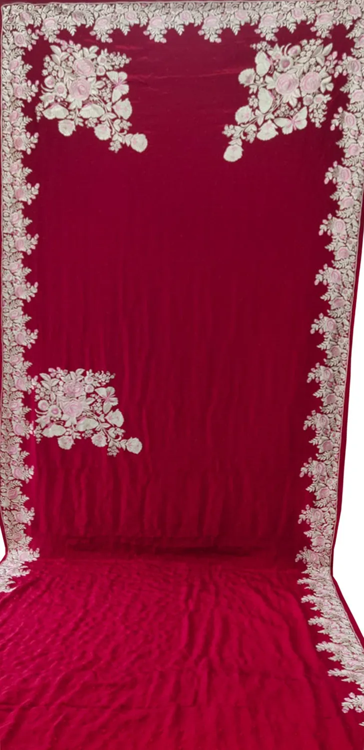 Exquisite Red Hand Embroidered Parsi Gara Pure Crepe Saree