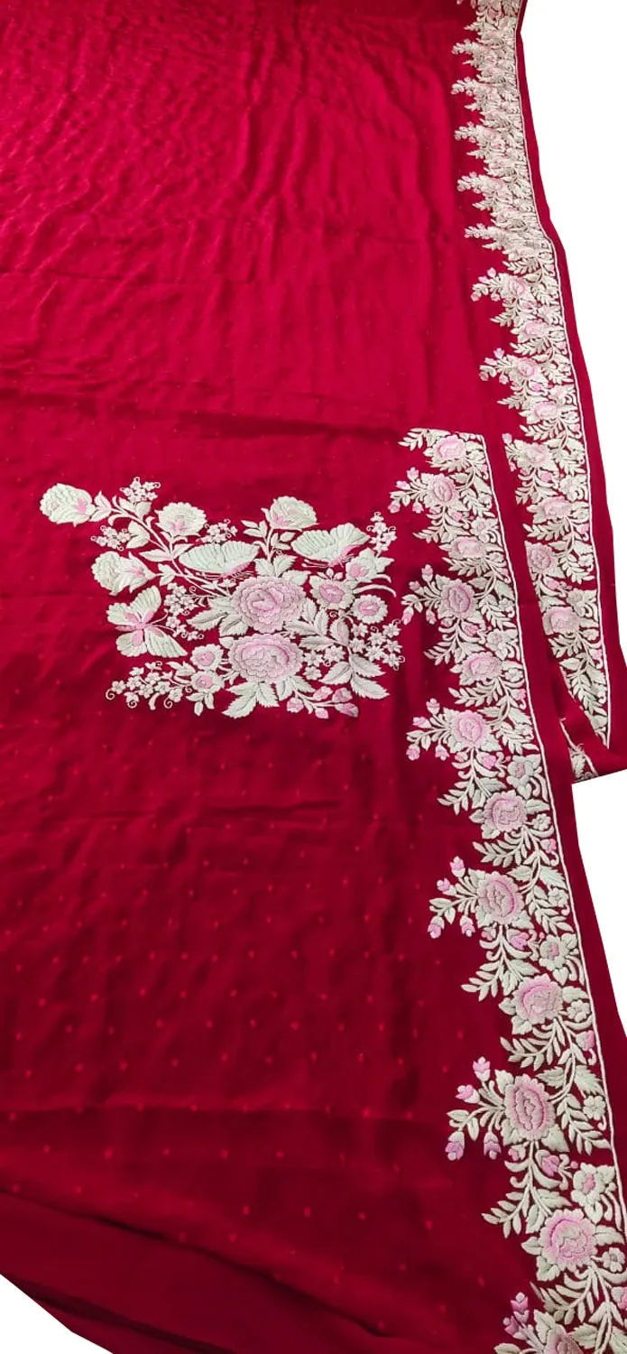 Exquisite Red Hand Embroidered Parsi Gara Pure Crepe Saree