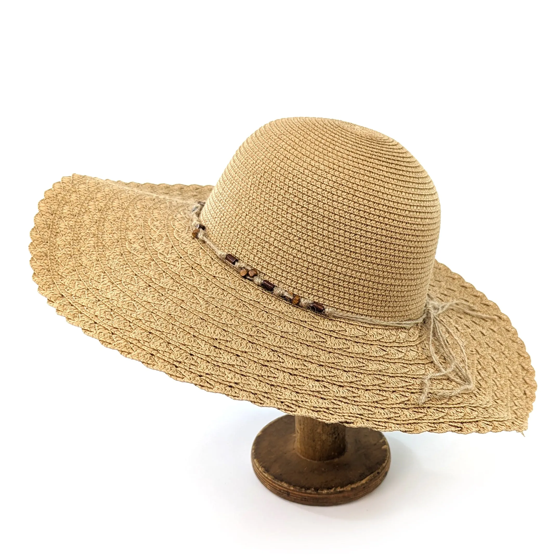 Folding Wide Brim Travel Sun Hat - Natural Beaded Band (57cm)