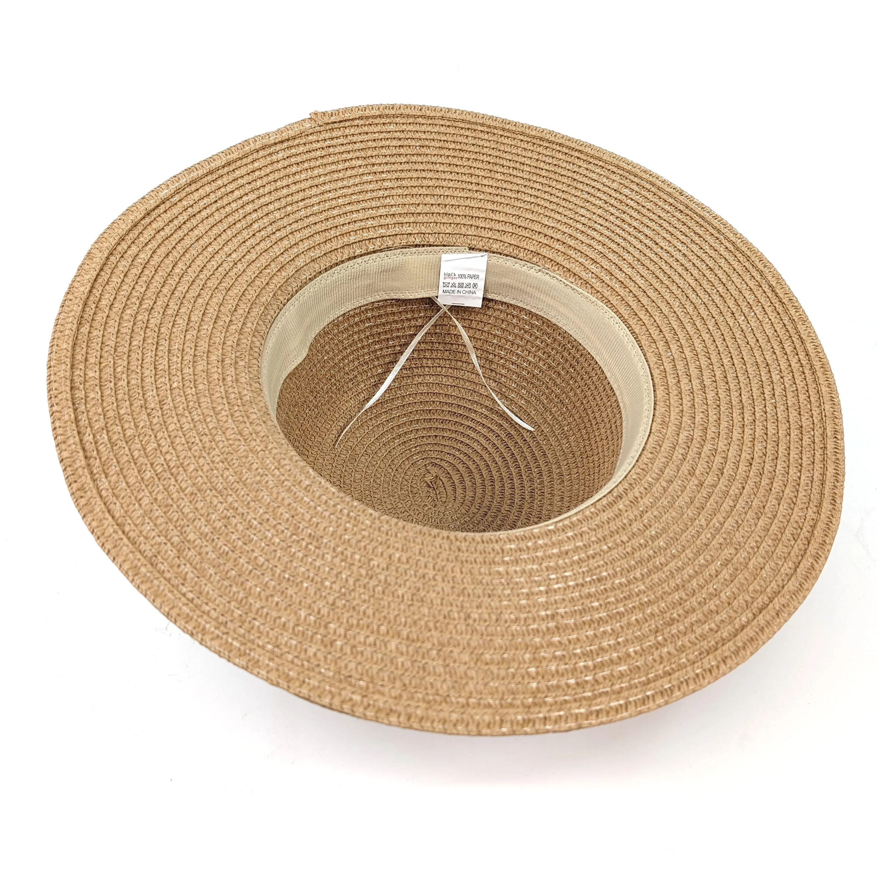 Folding Wide Brim Travel Sun Hat - Natural Beaded Band (57cm)