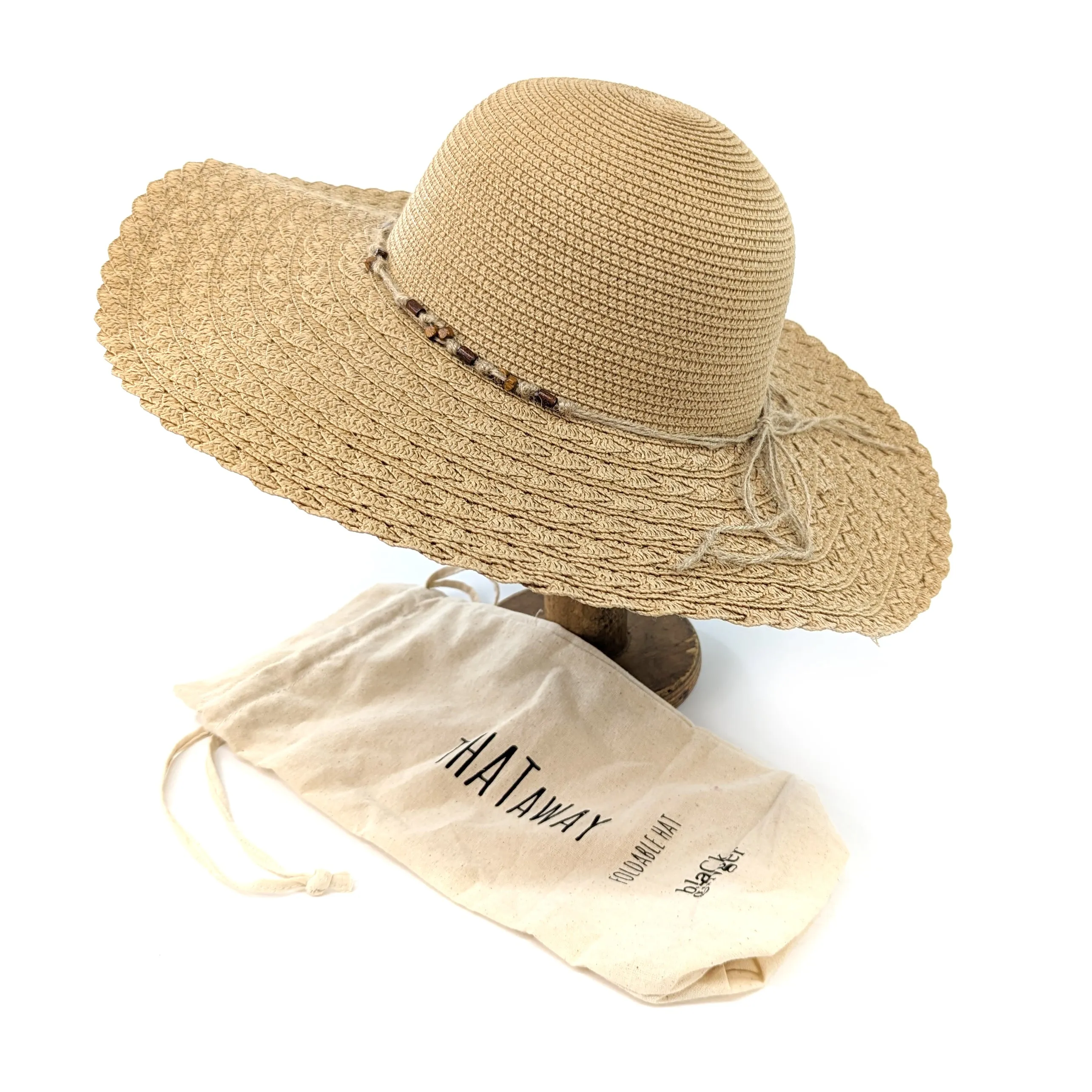 Folding Wide Brim Travel Sun Hat - Natural Beaded Band (57cm)