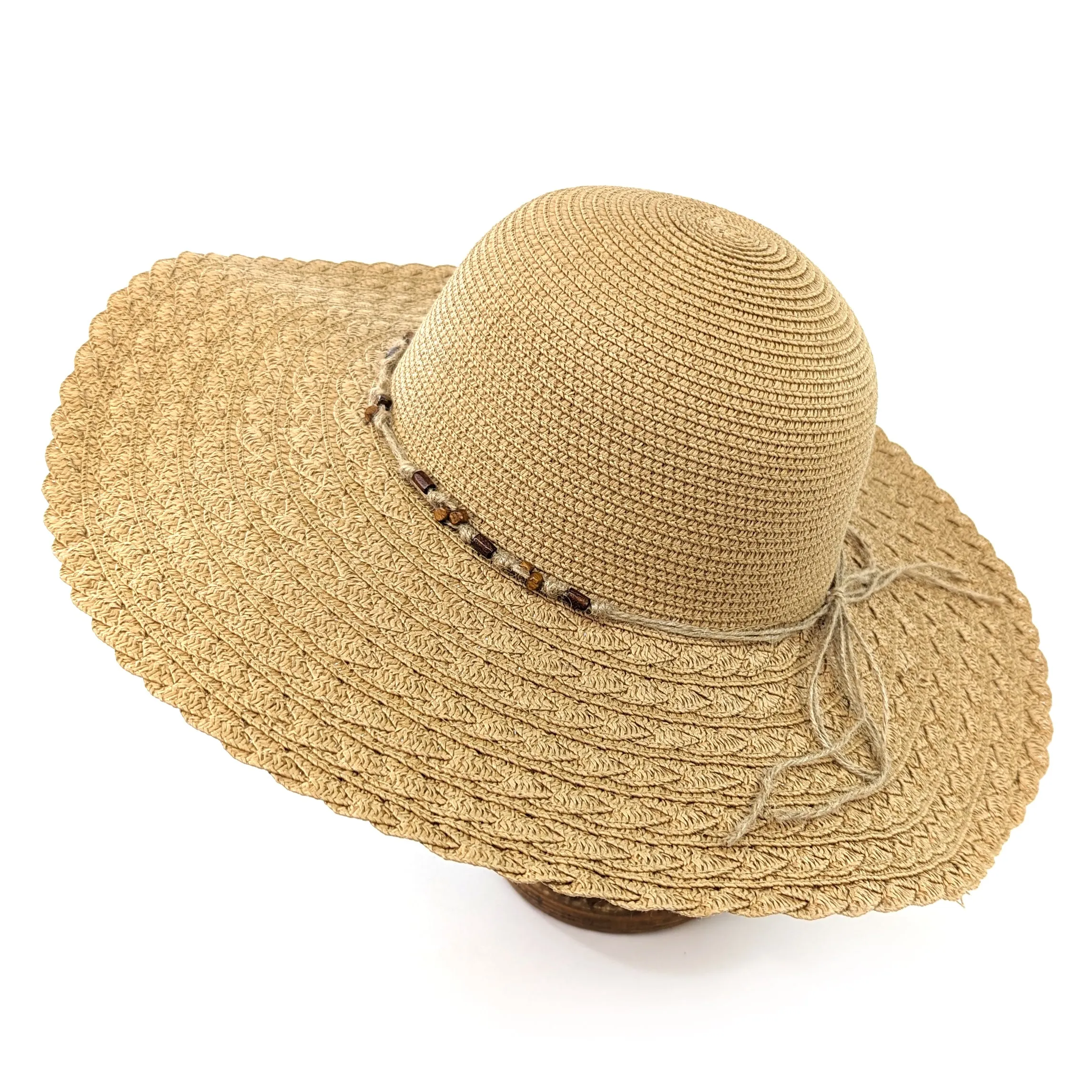 Folding Wide Brim Travel Sun Hat - Natural Beaded Band (57cm)