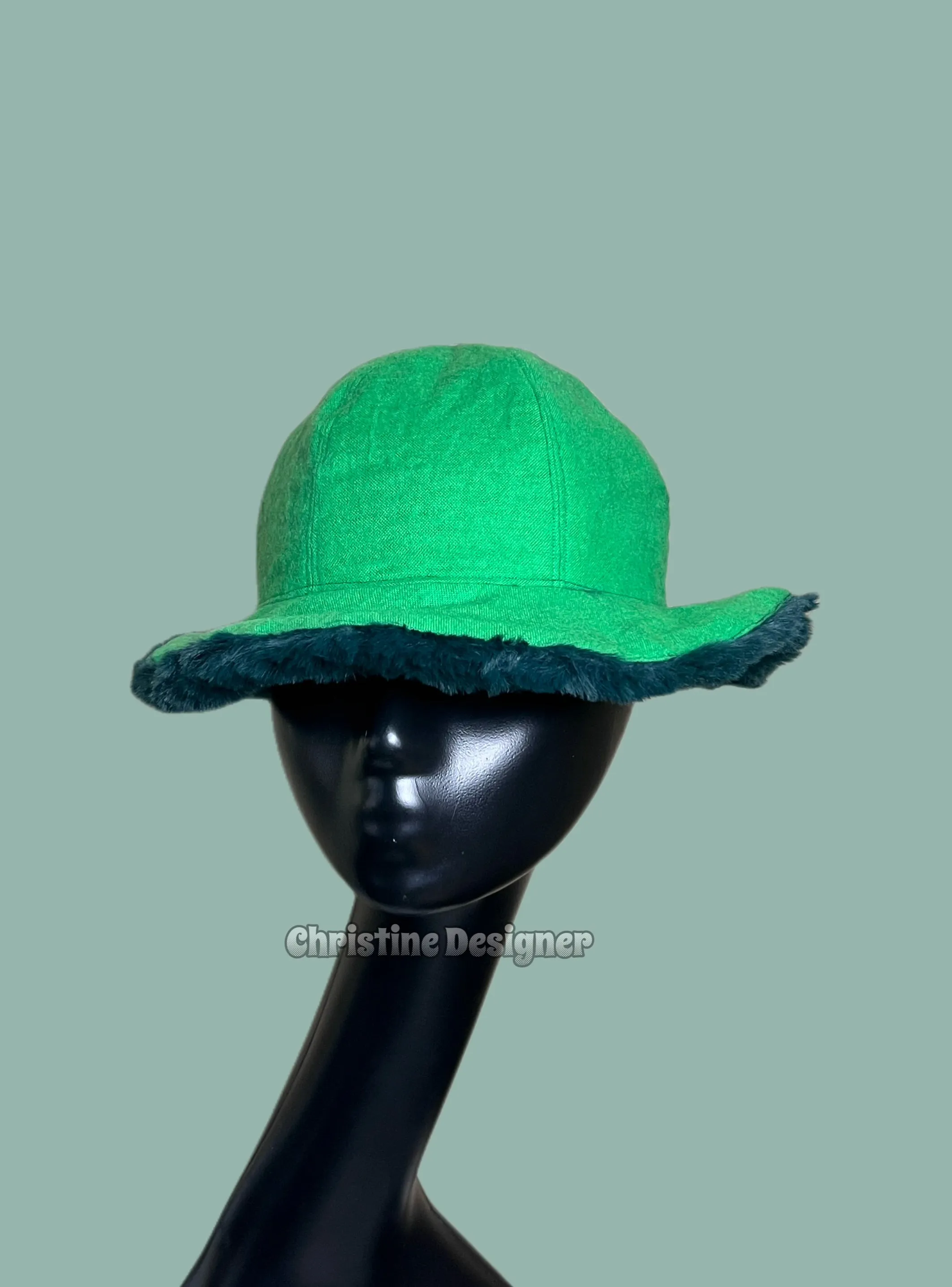 Free Romantic  green fur hat matching coat, unique handmade -lined lighter green flannel