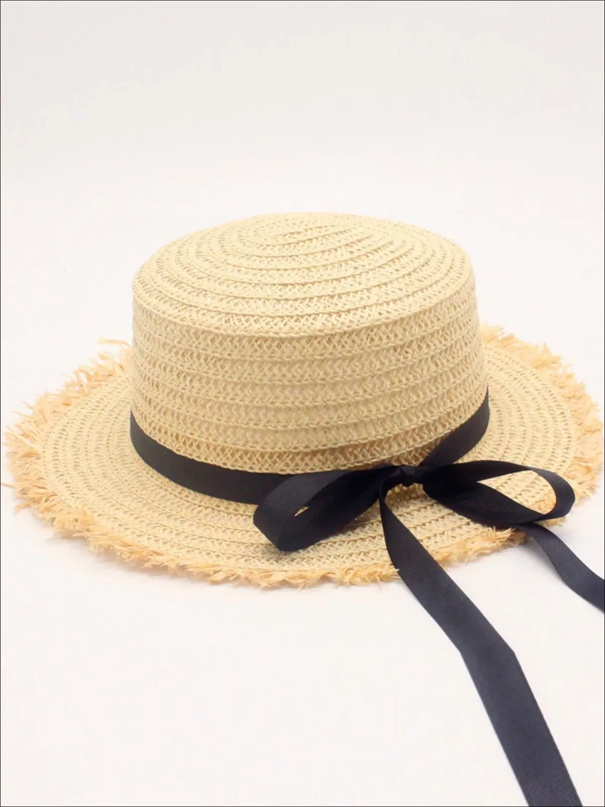 Girls Frayed Edge Straw Hat With Long Ribbon and Bow