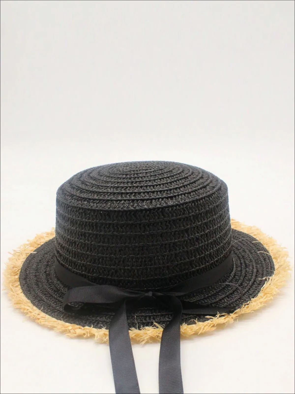 Girls Frayed Edge Straw Hat With Long Ribbon and Bow