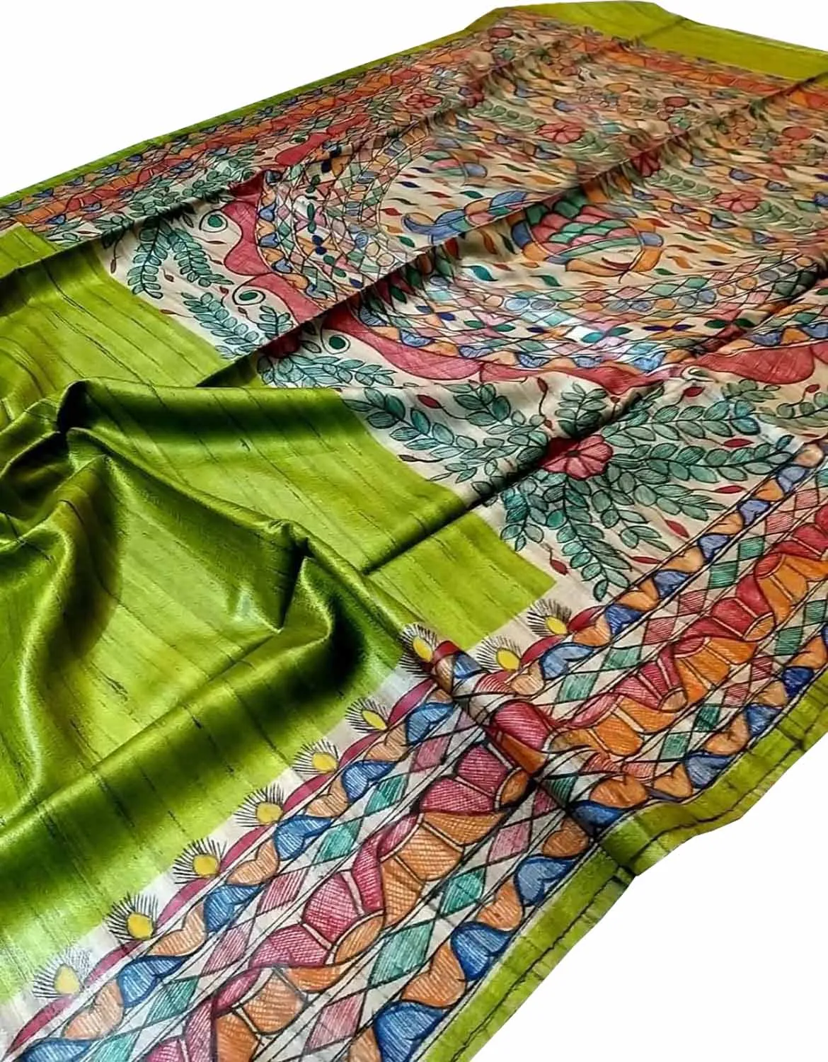 Hand Painted Madhubani Silk Saree - Green Ghicha Tussar