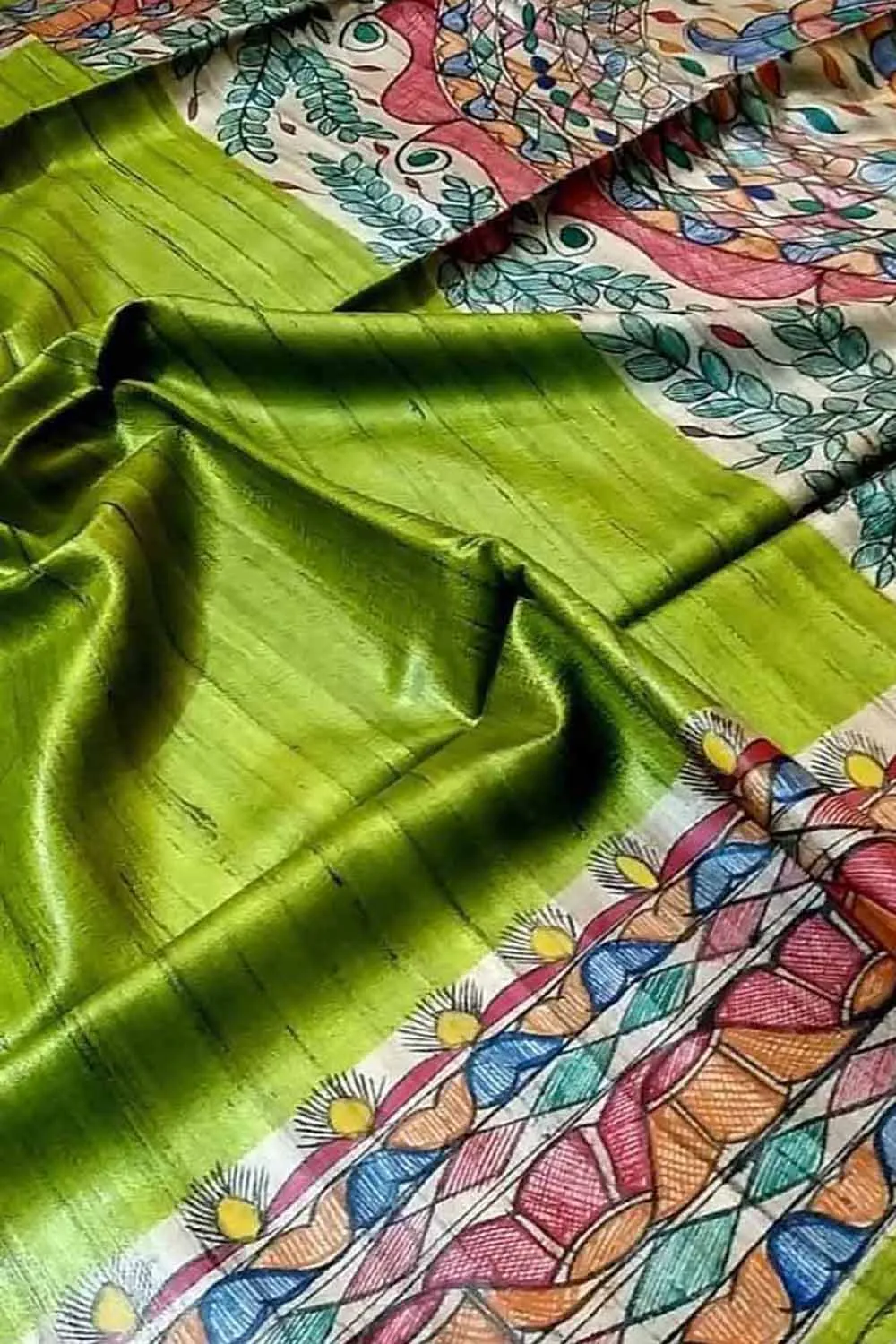 Hand Painted Madhubani Silk Saree - Green Ghicha Tussar