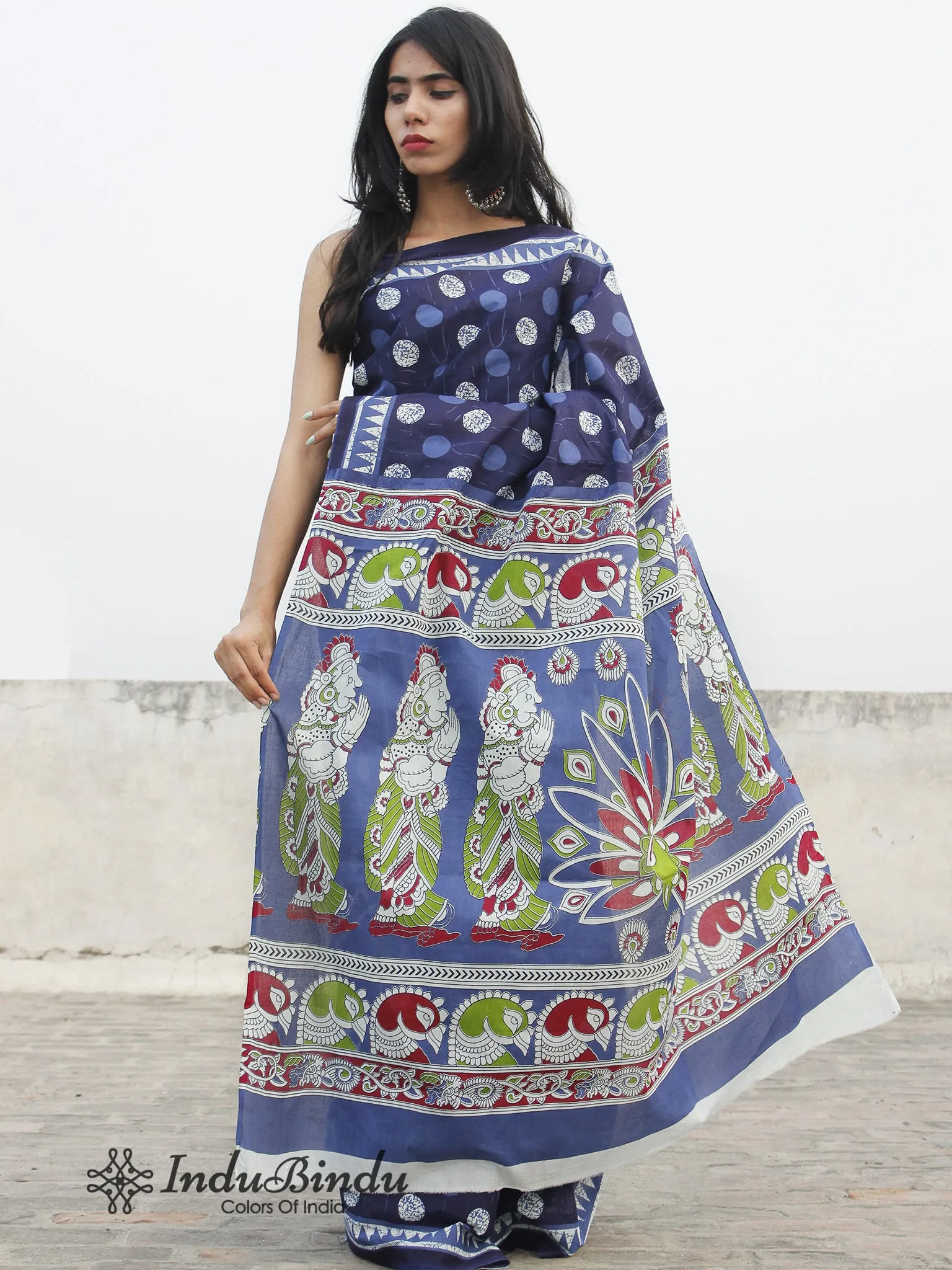 Indigo Blue Ivory Hand Block Printed Cotton Saree With Maroon Green Kalamkari Printed Pallu - S031702390