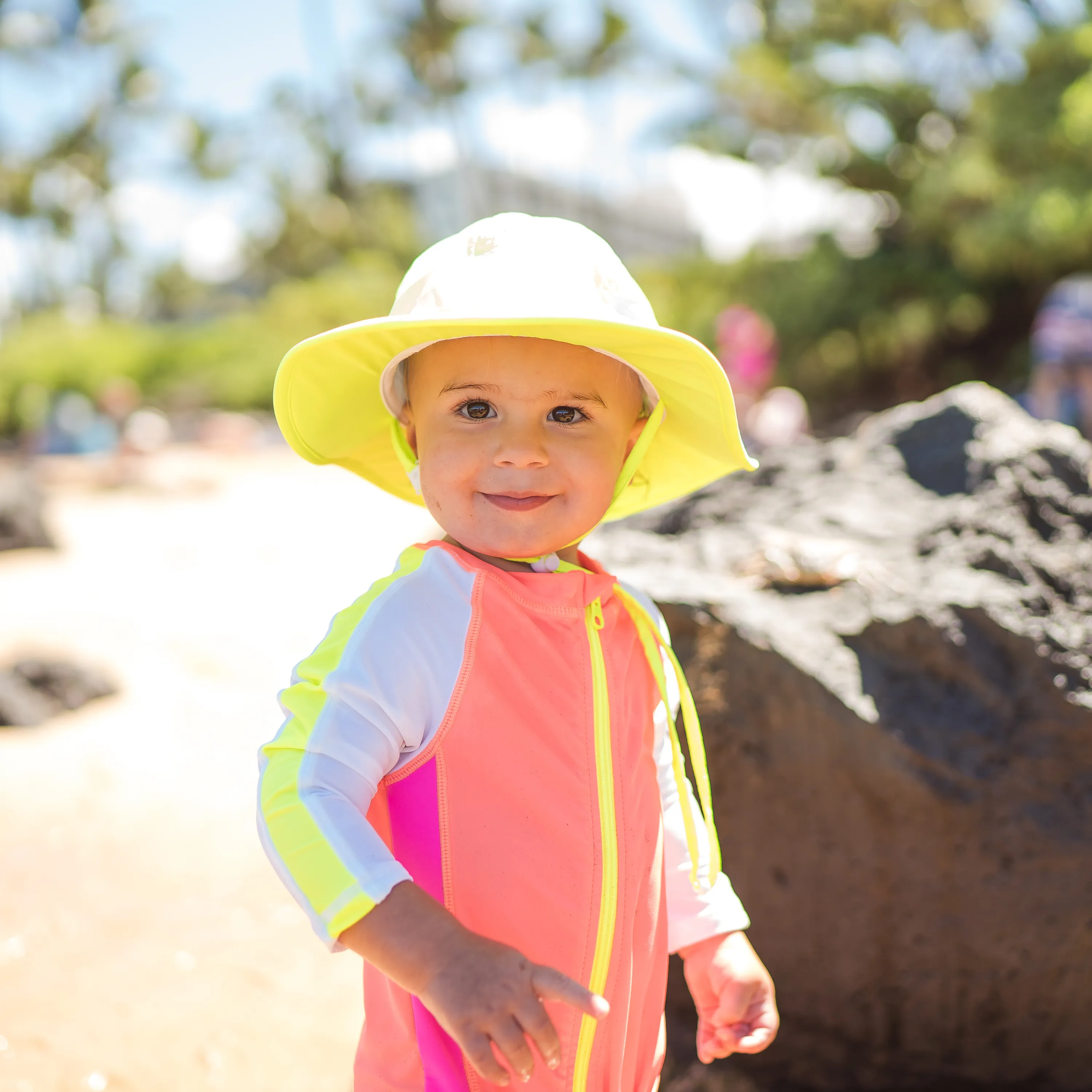 Kids Wide Brim Sun Hat "Fun Sun Day Play Hat" - Neon Lemon Yellow