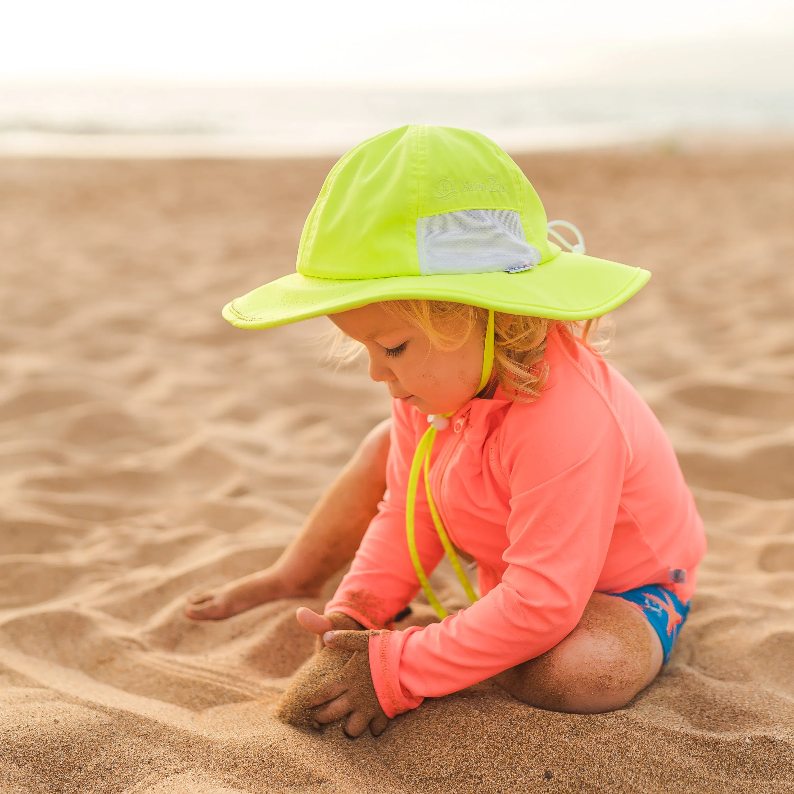 Kids Wide Brim Sun Hat "Fun Sun Day Play Hat" - Neon Lemon Yellow