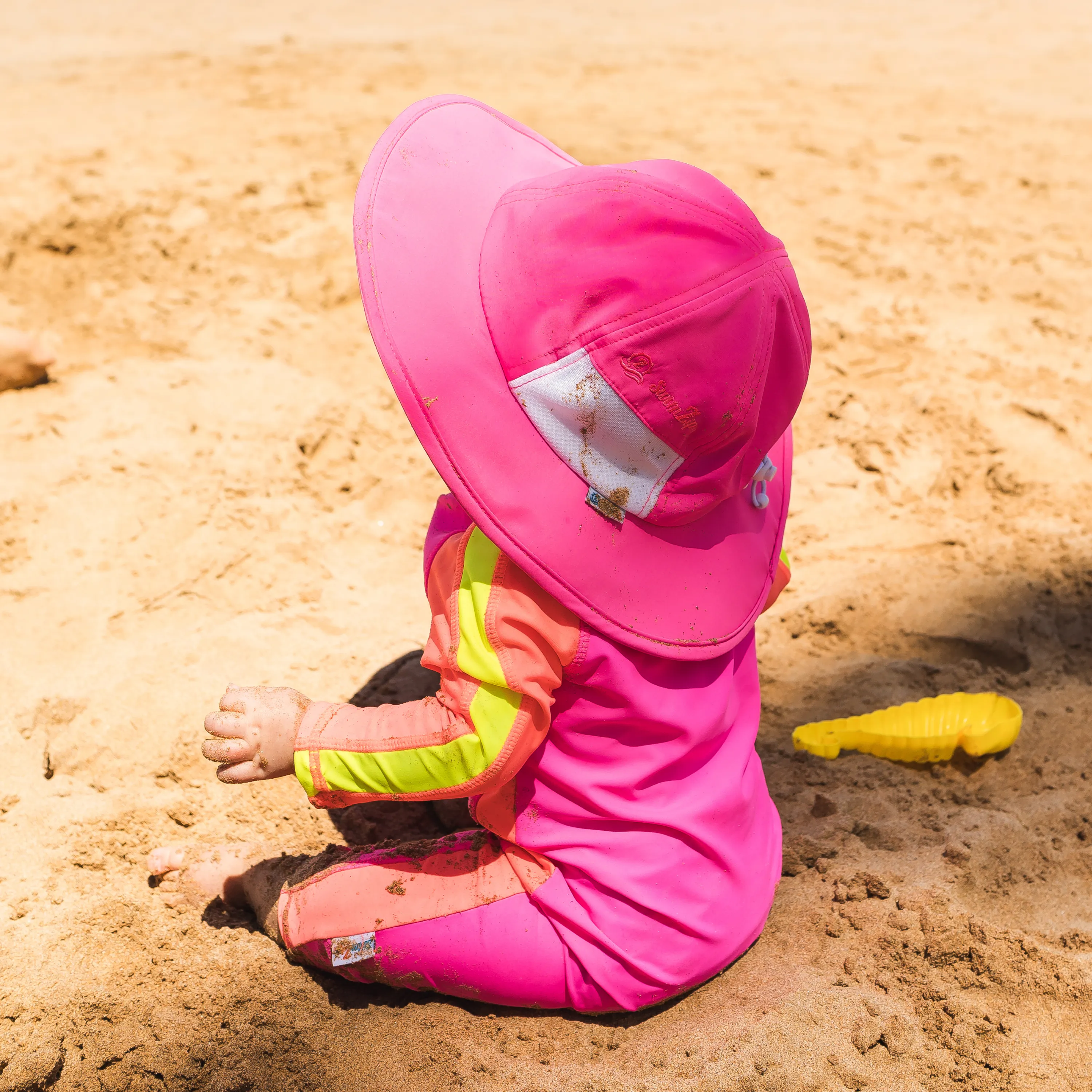 Kids Wide Brim Sun Hat "Fun Sun Day Play Hat" - Neon Shocking Pink