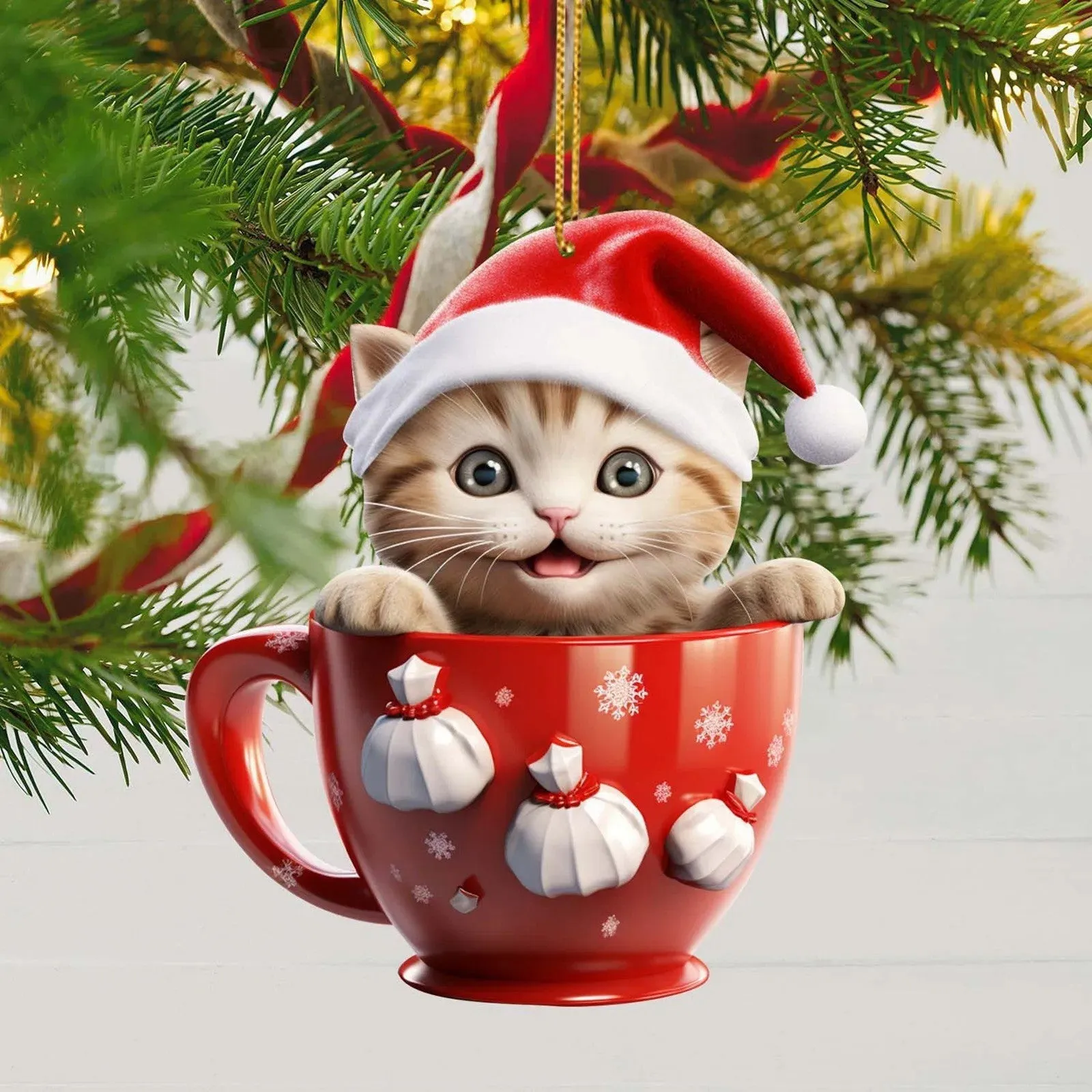 Kitty In a Tea Cup Christmas Tree Acrylic Ornament