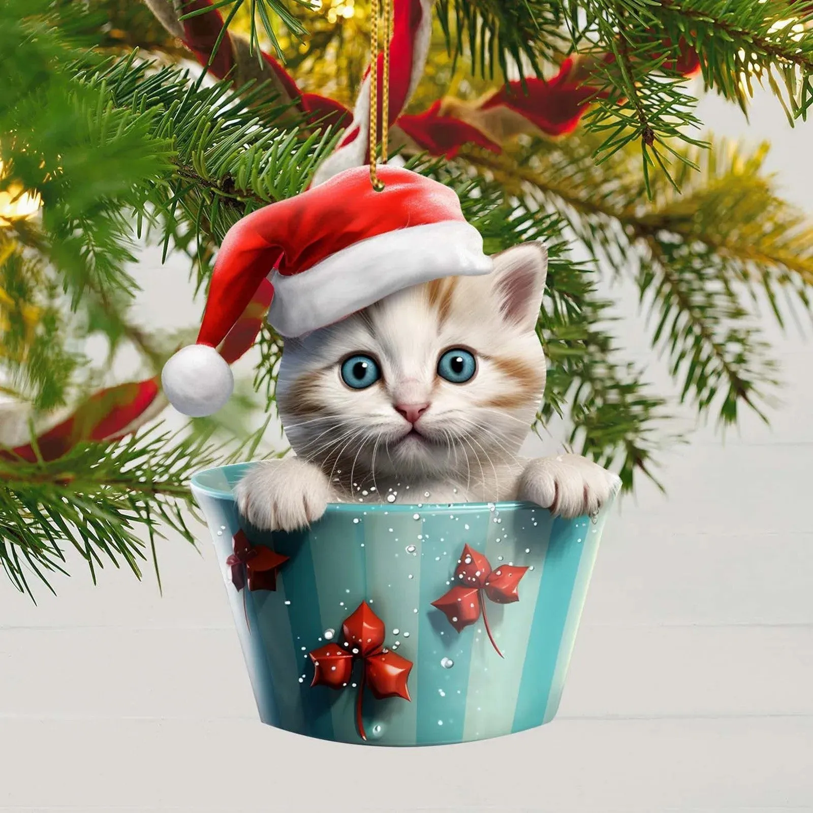 Kitty In a Tea Cup Christmas Tree Acrylic Ornament