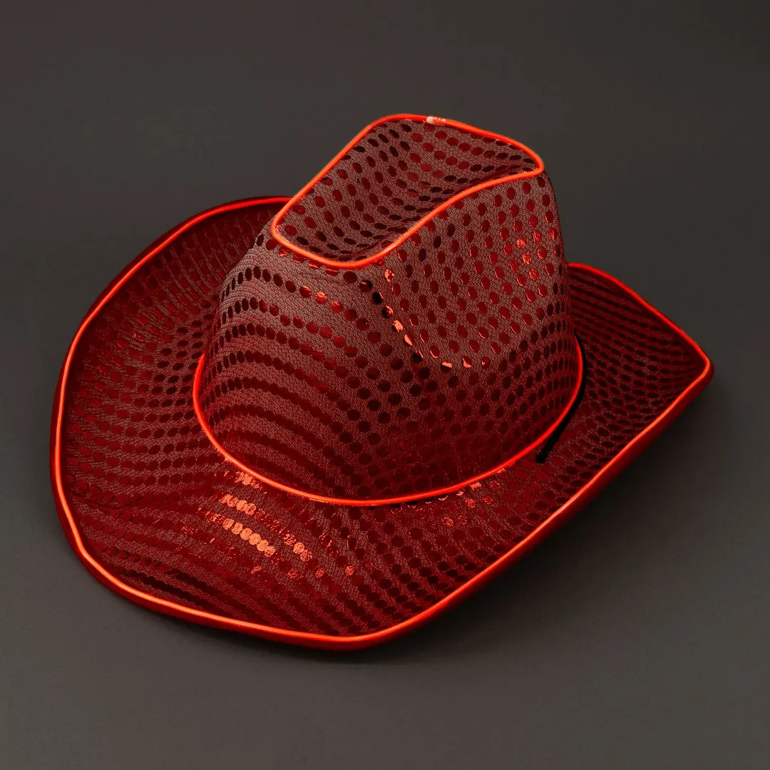 LED Flashing Red EL Wire Sequin Cowboy Party Hat - Pack of 96 Hats