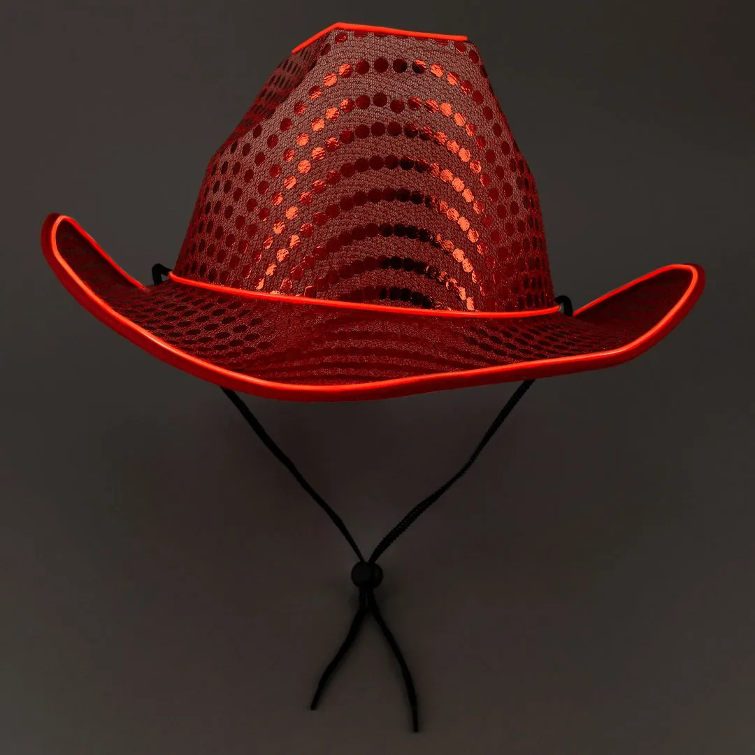 LED Flashing Red EL Wire Sequin Cowboy Party Hat - Pack of 96 Hats