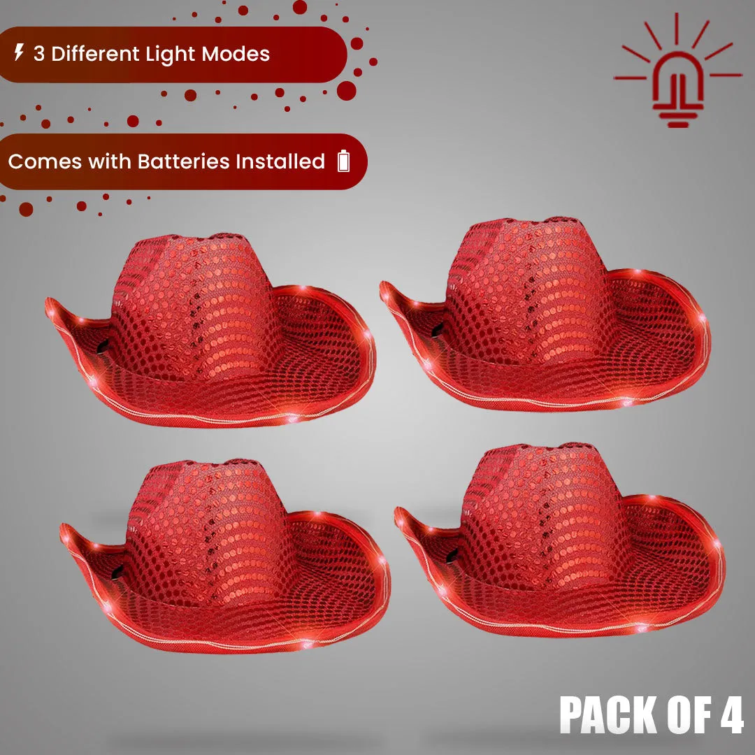 LED Light Up Flashing Sequin Red Cowboy Hat - Pack of 4 Hats