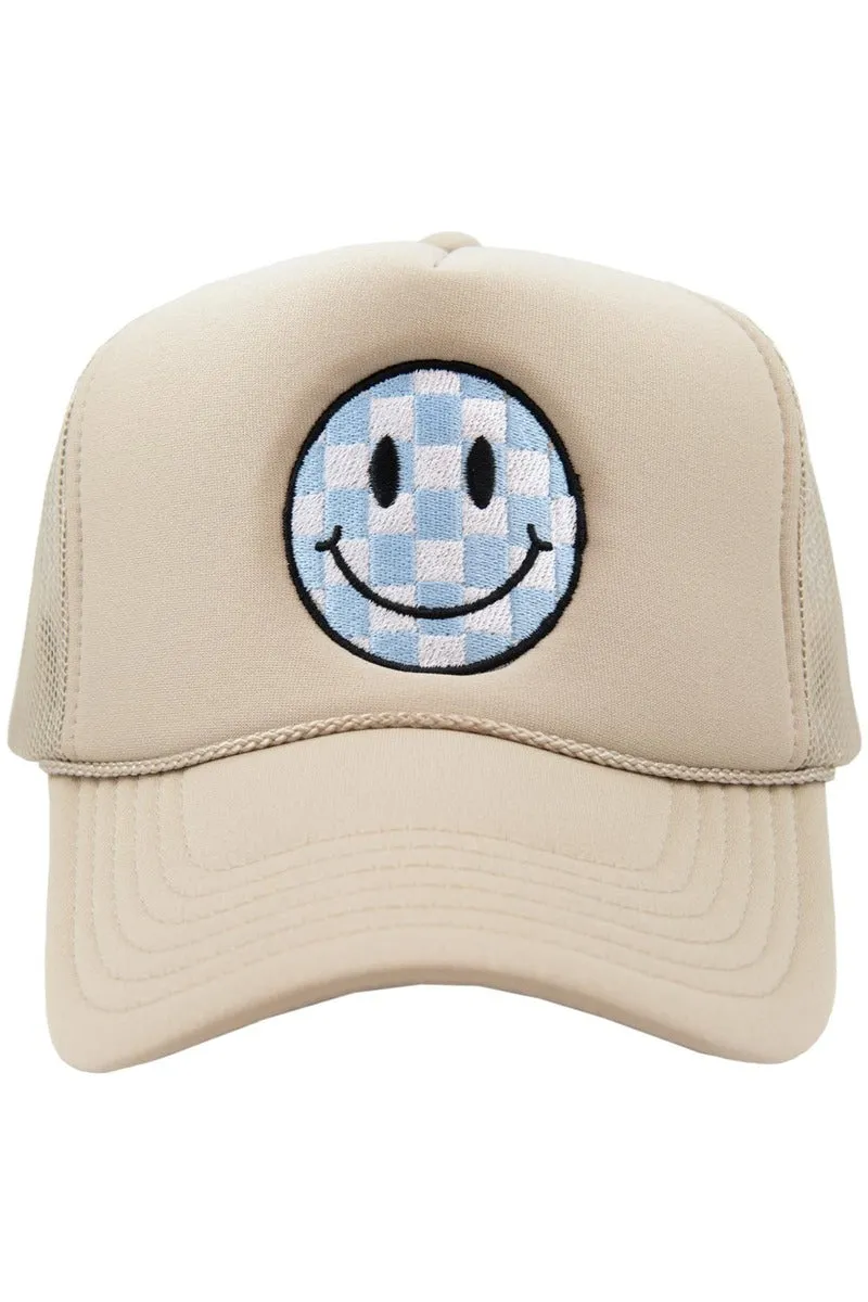 Light Blue Checkered Happy Face Foam Trucker Hat