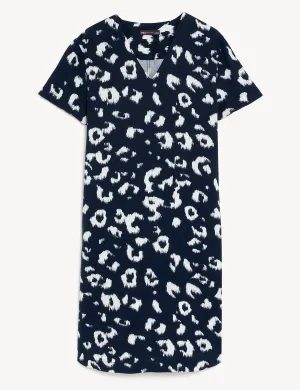 Linen Rich Printed V-Neck Midi Shift Dress