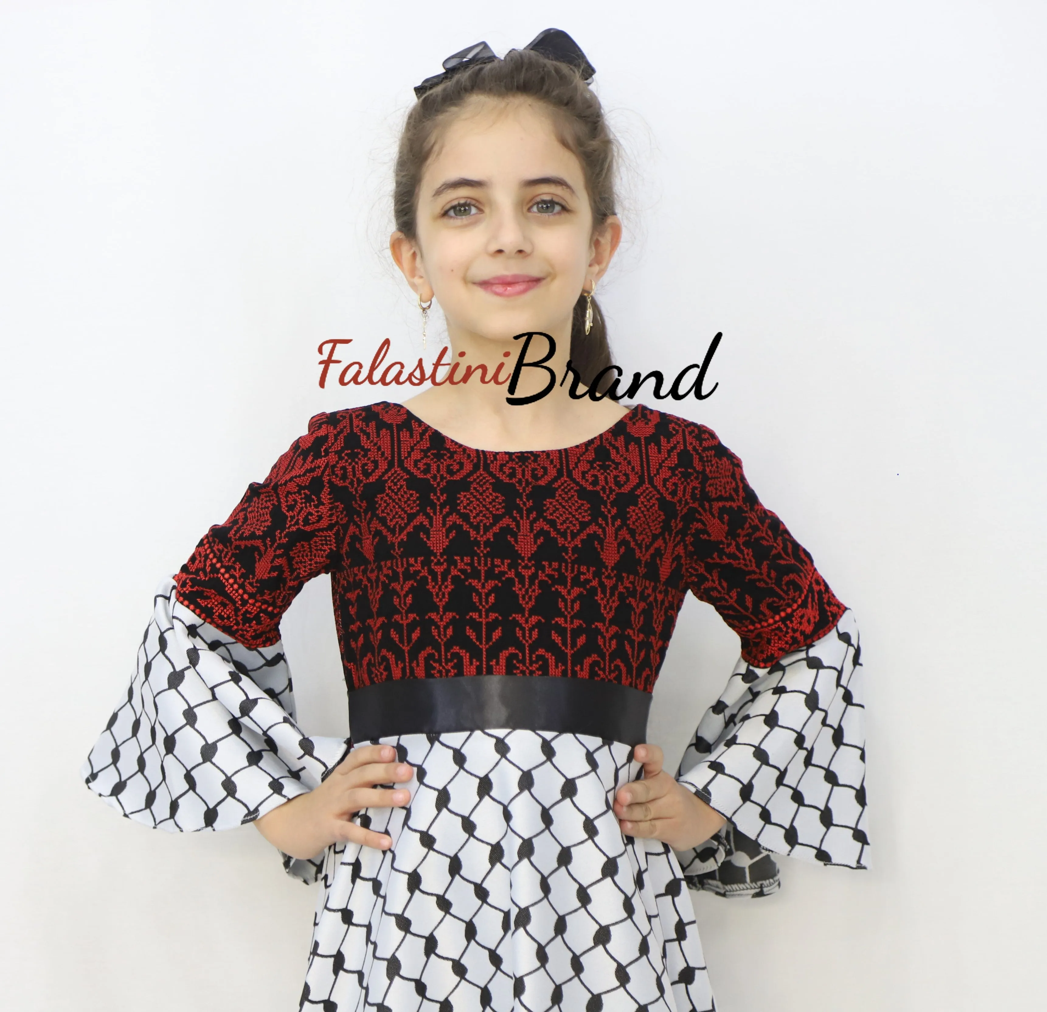 Little Girl Kuffeye Palestinian Red Embroidered White Dress