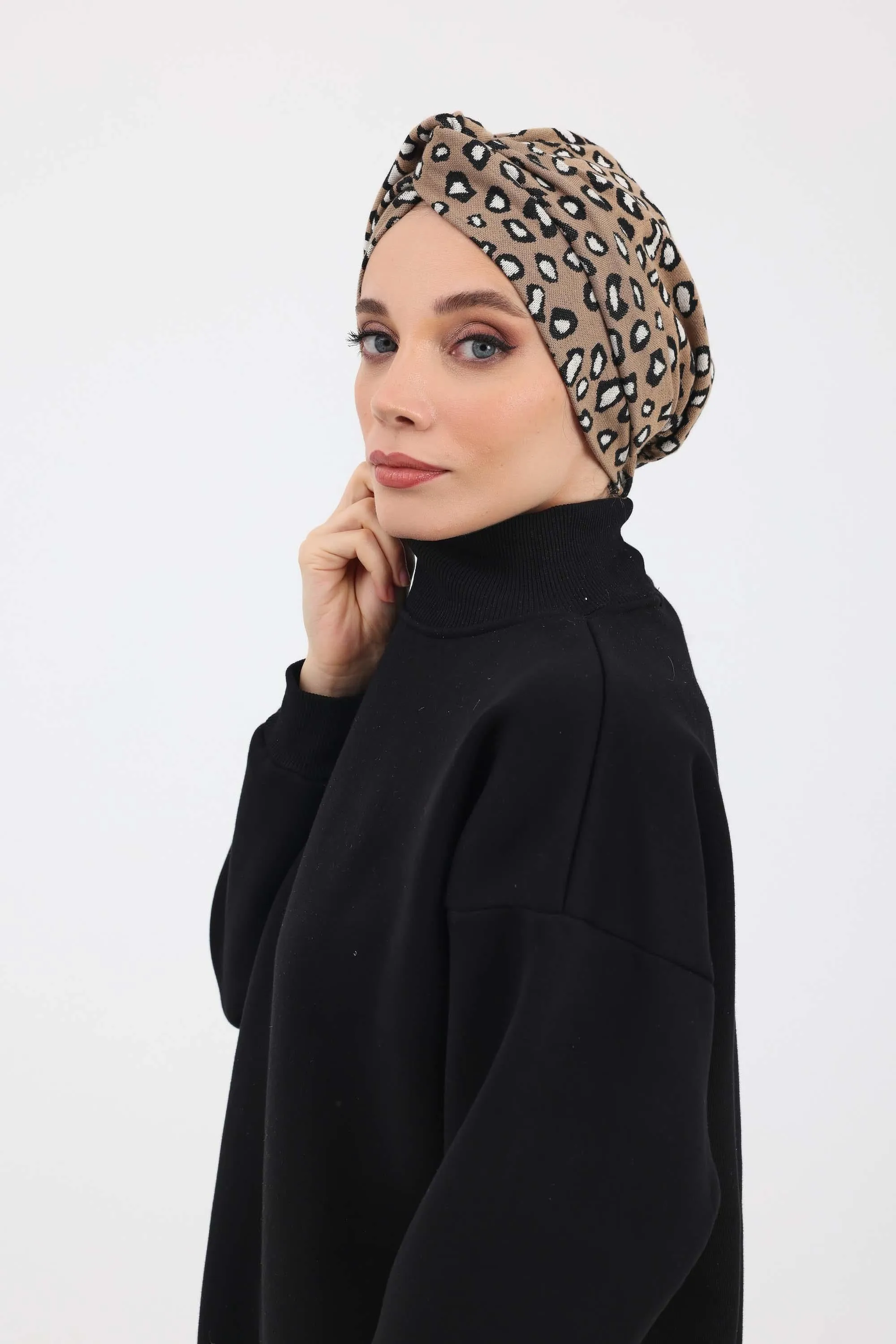 Maharajah-Style Winter Turban Bonnet with Houndstooth & Leopard Patterns, Stretchable Soft Polyviscose Winter Turban Bonnet for Women,B-4DIV