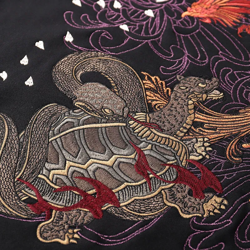 Men's Black Embroidered Hoodie - Japanese Mythical Creatures