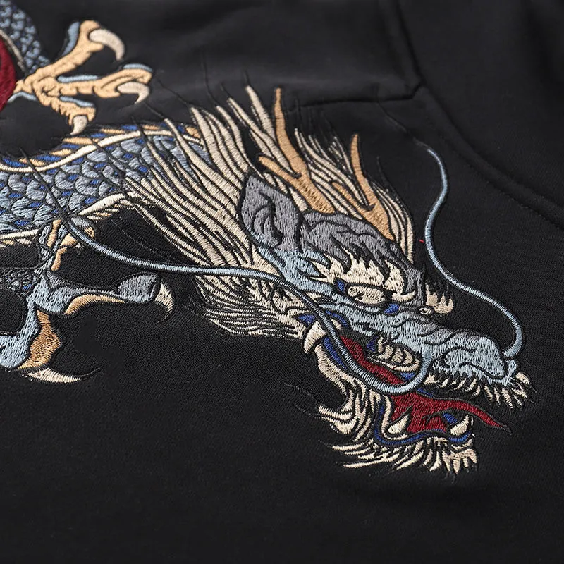 Men's Black Embroidered Hoodie - Japanese Mythical Creatures