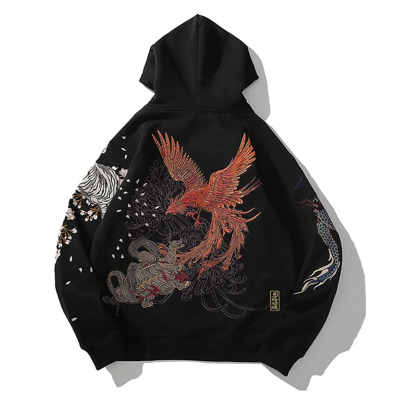 Men's Black Embroidered Hoodie - Japanese Mythical Creatures