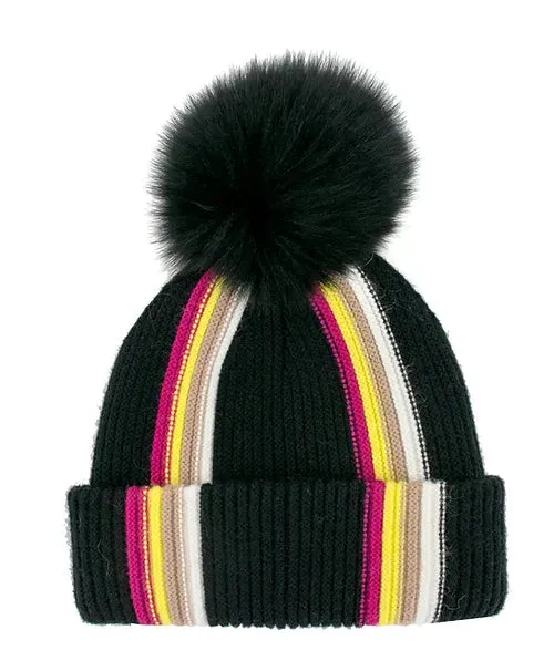 Mitchie's | Modern Stripes Knitted Hat with Fox Fur Pom | Women's