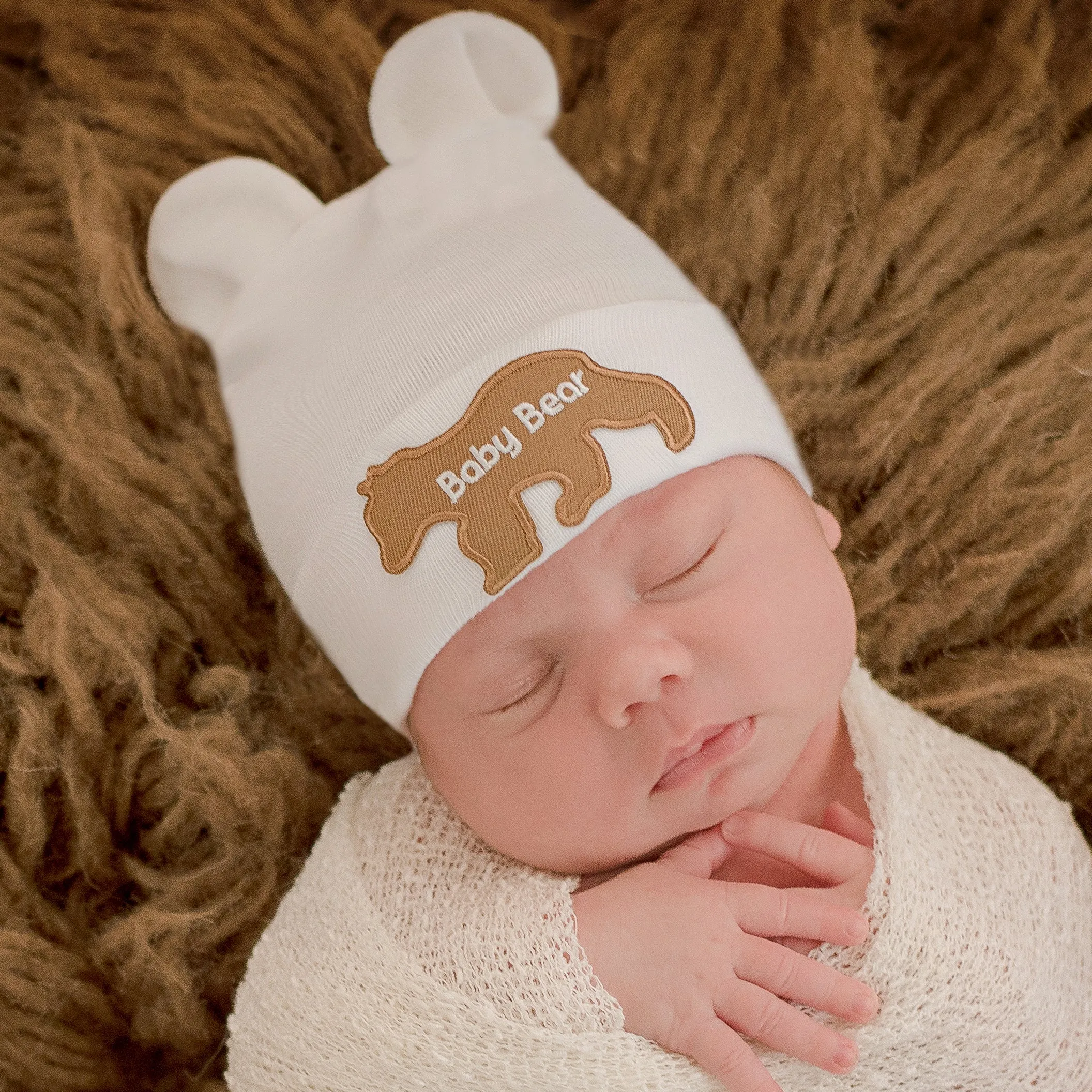 Newborn baby Boy or Girl Hospital Beanie Hat with Bear Ear, Blue, White or Tan Color, Baby Bear Patch, Gender Neutral