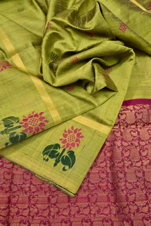 Pista Geeen and Rani Color Pure Raw Silk Saree with Floral Motif in Gap Border